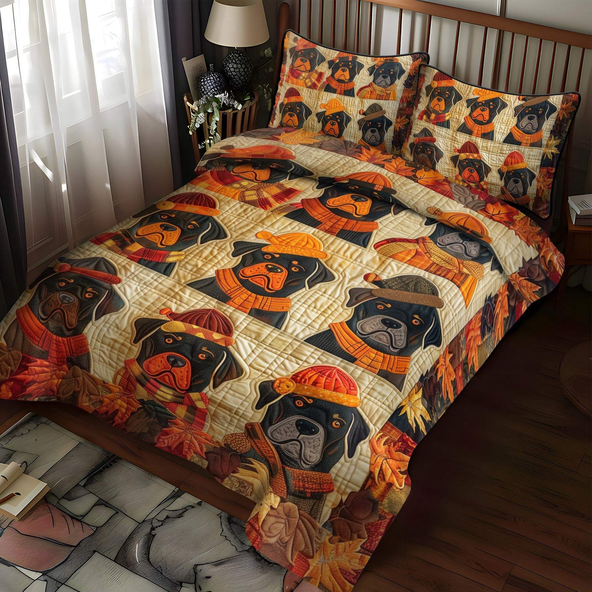 Autumn Leaves and Rottweiler Love 3-Piece Quilted Bedding Set NCU0PT560