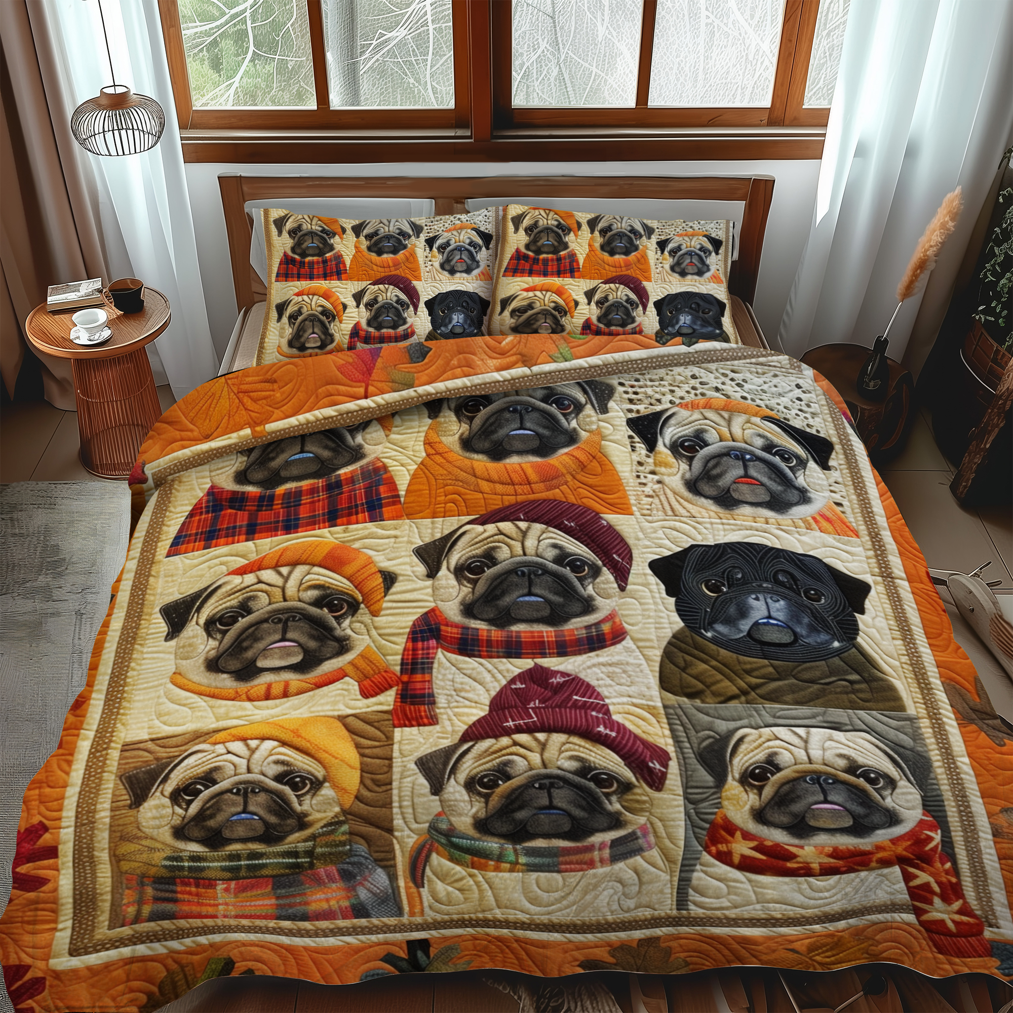 Autumn Vibe Pugs 3-Piece Quilted Bedding Set NCU0VL303