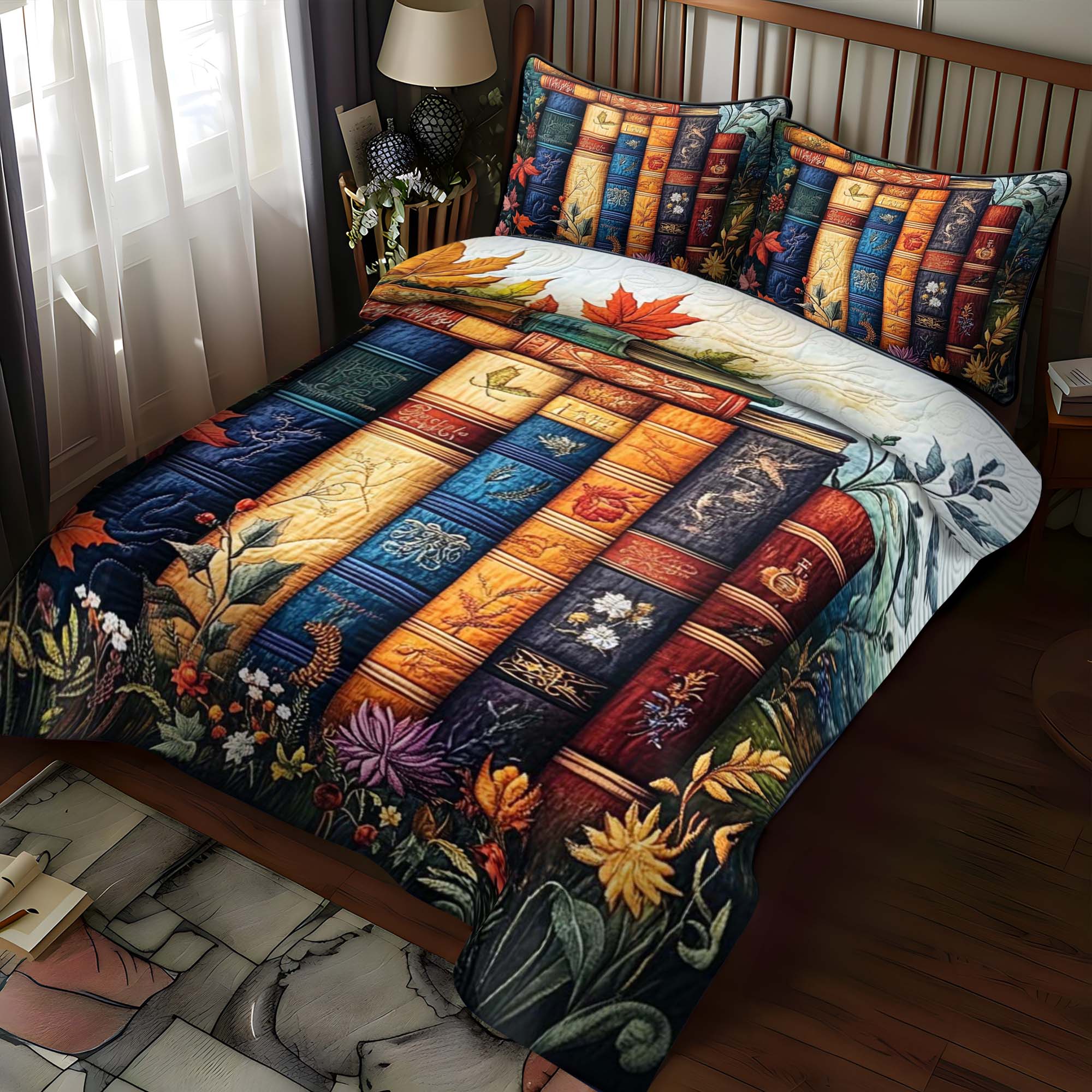 Autumnal Bookshelf 3-Piece Quilted Bedding Set NCU0NT1062