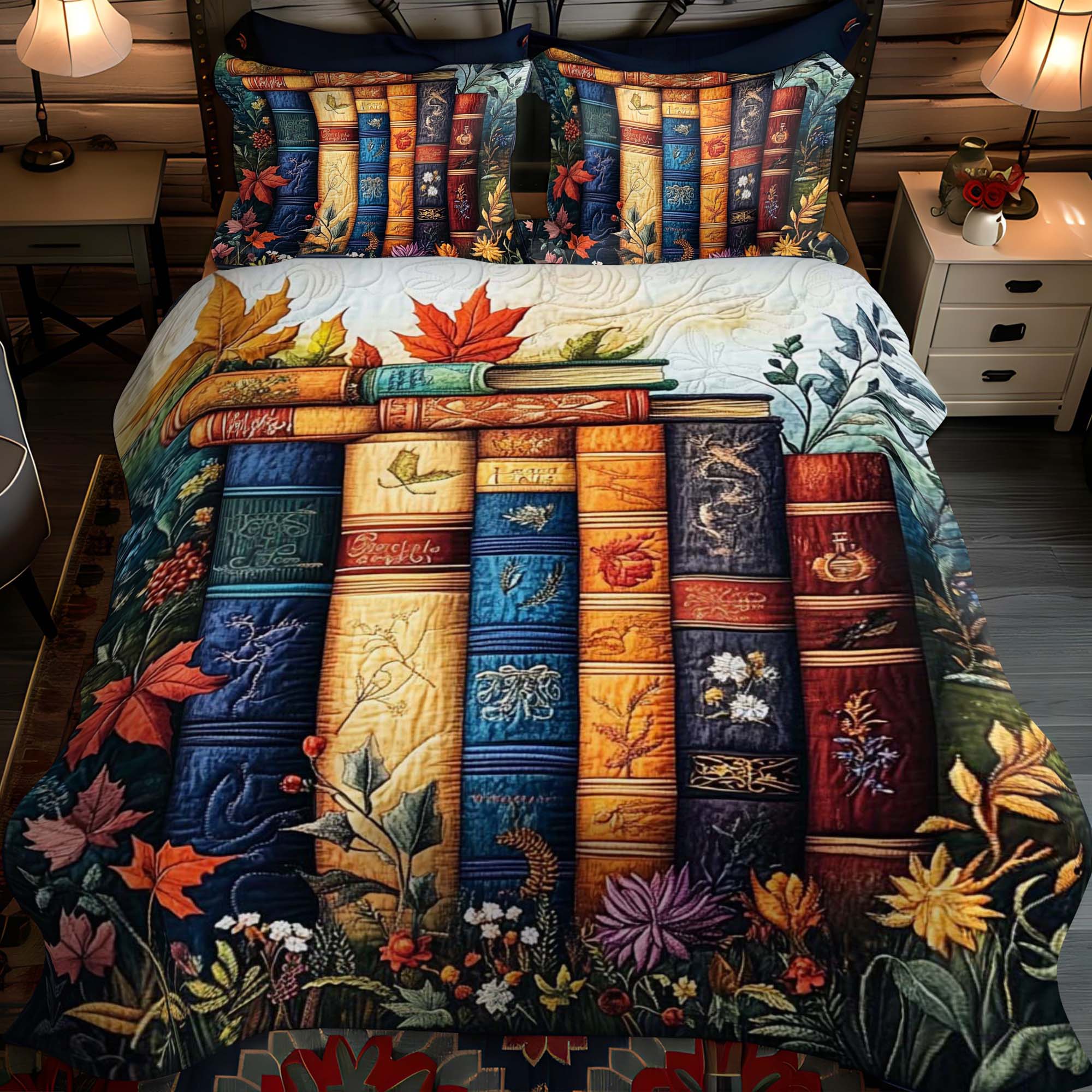 Autumnal Bookshelf 3-Piece Quilted Bedding Set NCU0NT1062