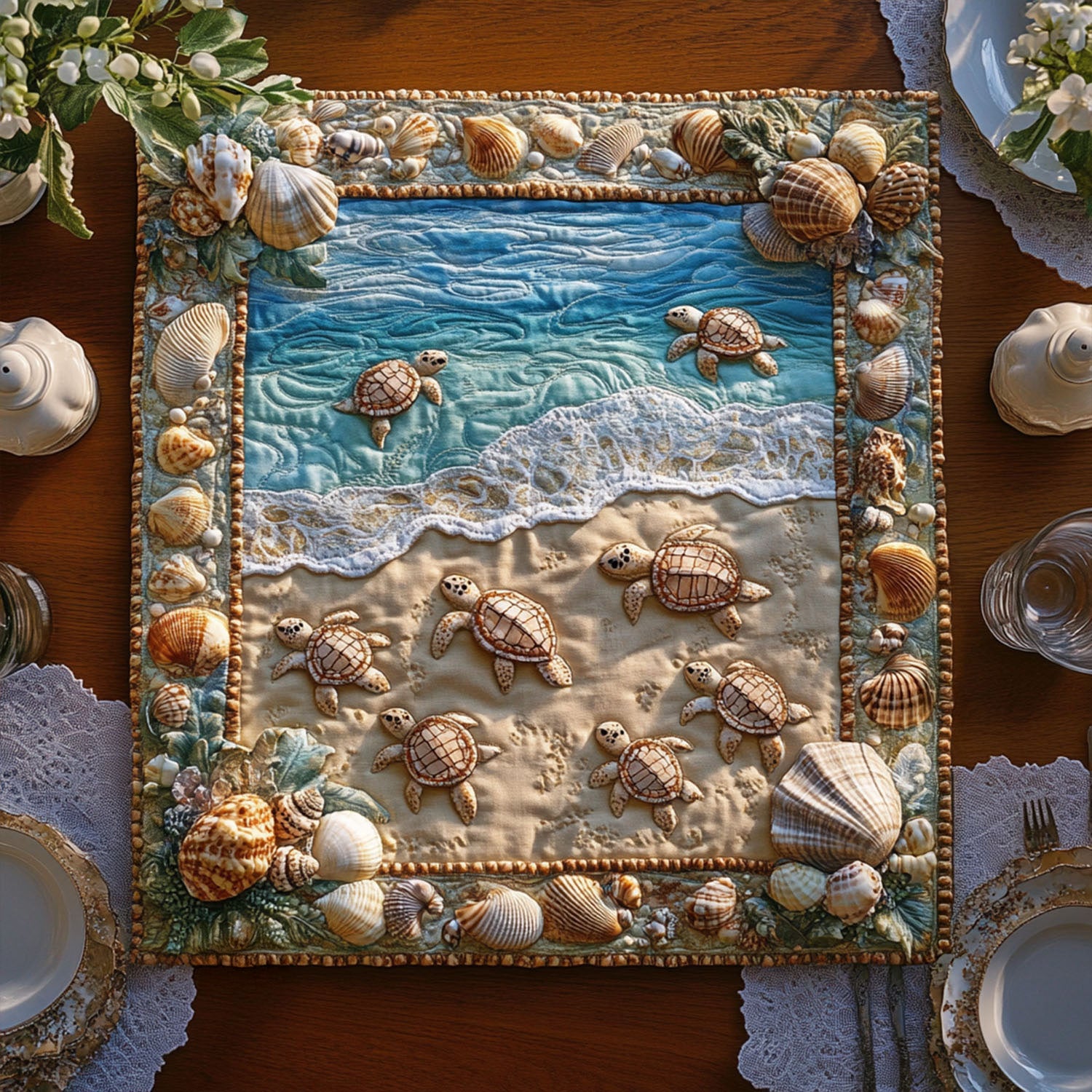 Bay Breeze Turtle Quilted Table Topper NCU0PTT678