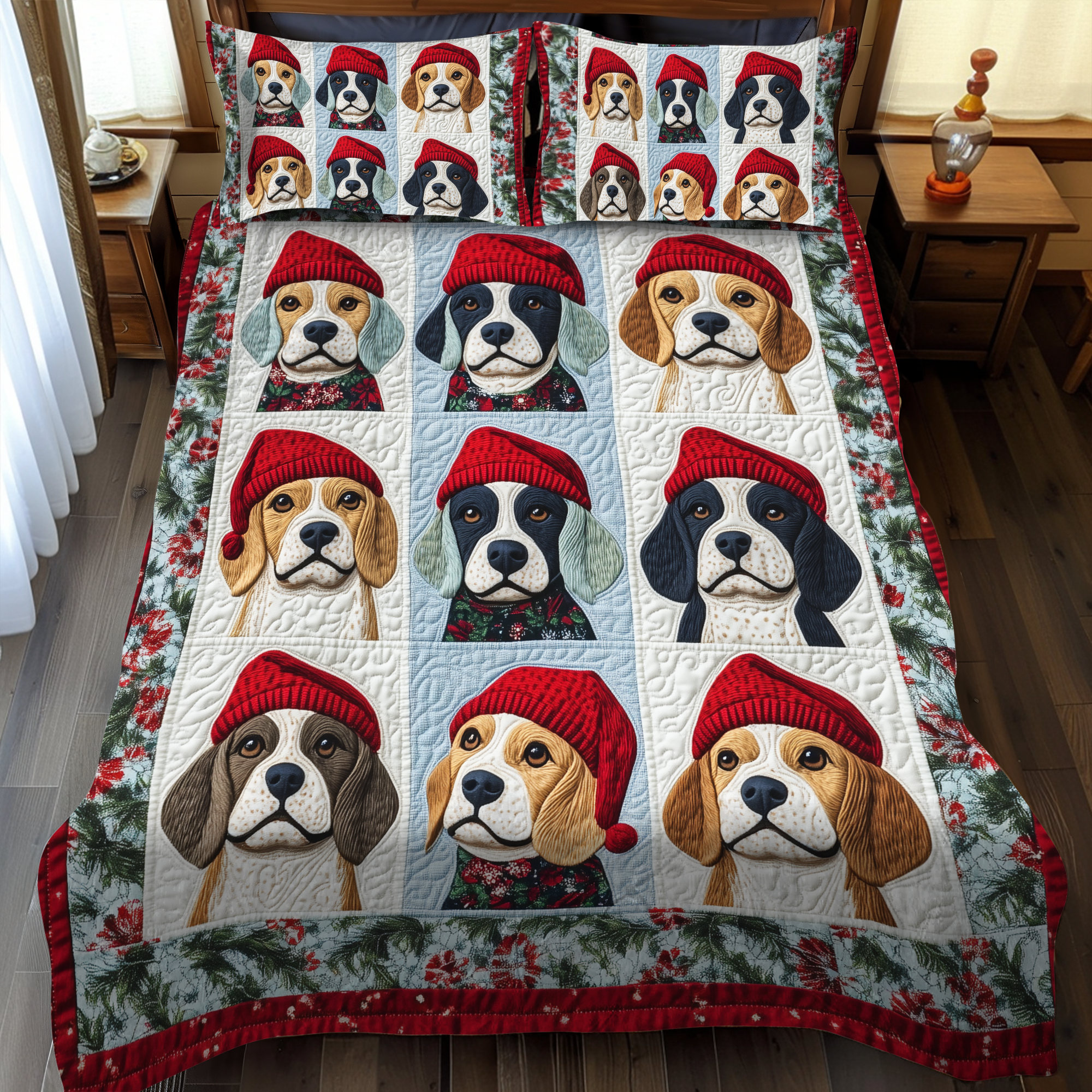 Beagle Christmas Cuddles 3-Piece Quilted Bedding Set NCU0VL638