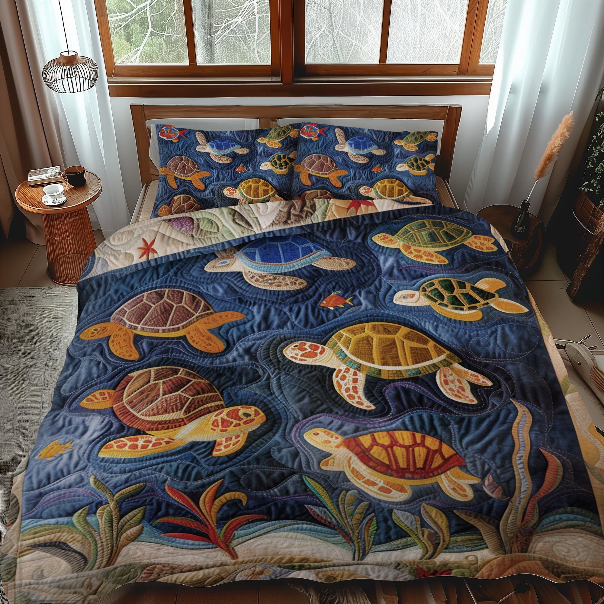 Blue Ocean Turtle 3-Piece Quilted Bedding Set  NCU0TL480
