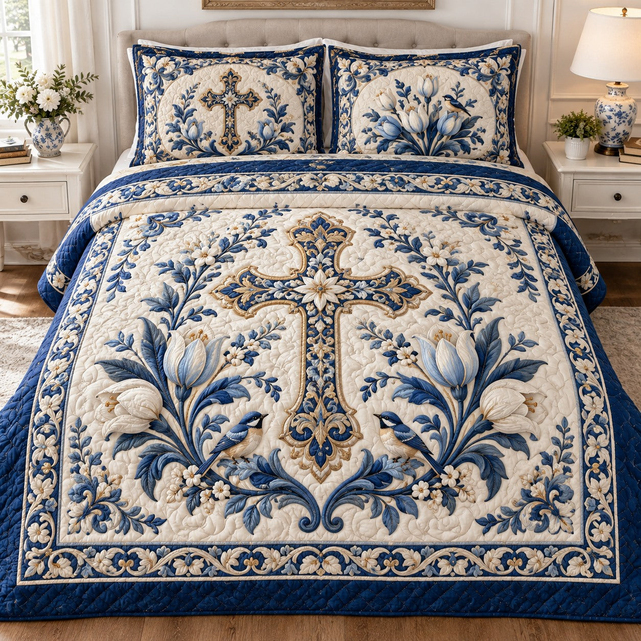 Blue Tulip Cross 3-Piece Quilted Bedding Set NCU0NTD2380