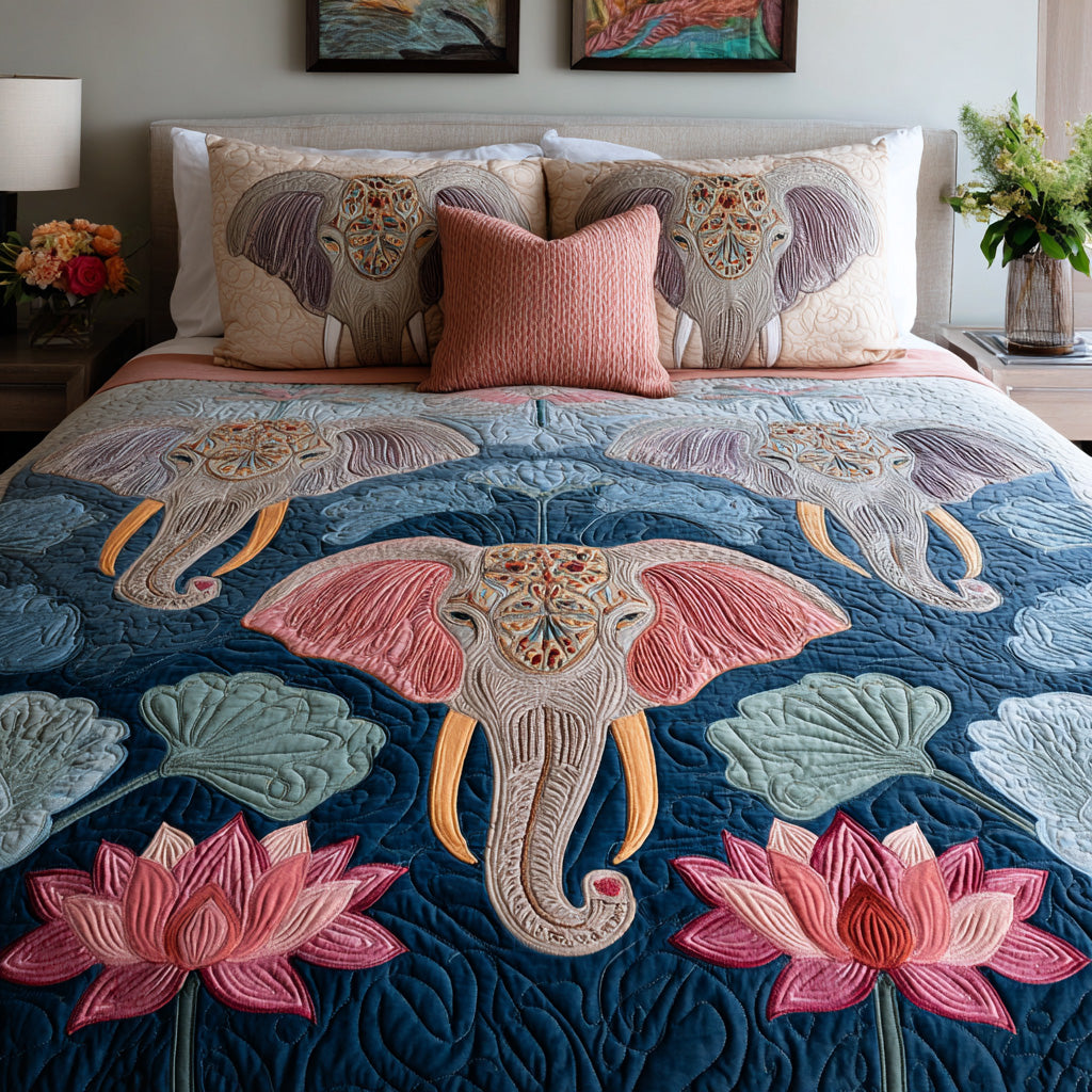 Blush Lotus Elephant 3-Piece Quilted Bedding Set NCU0LDH718