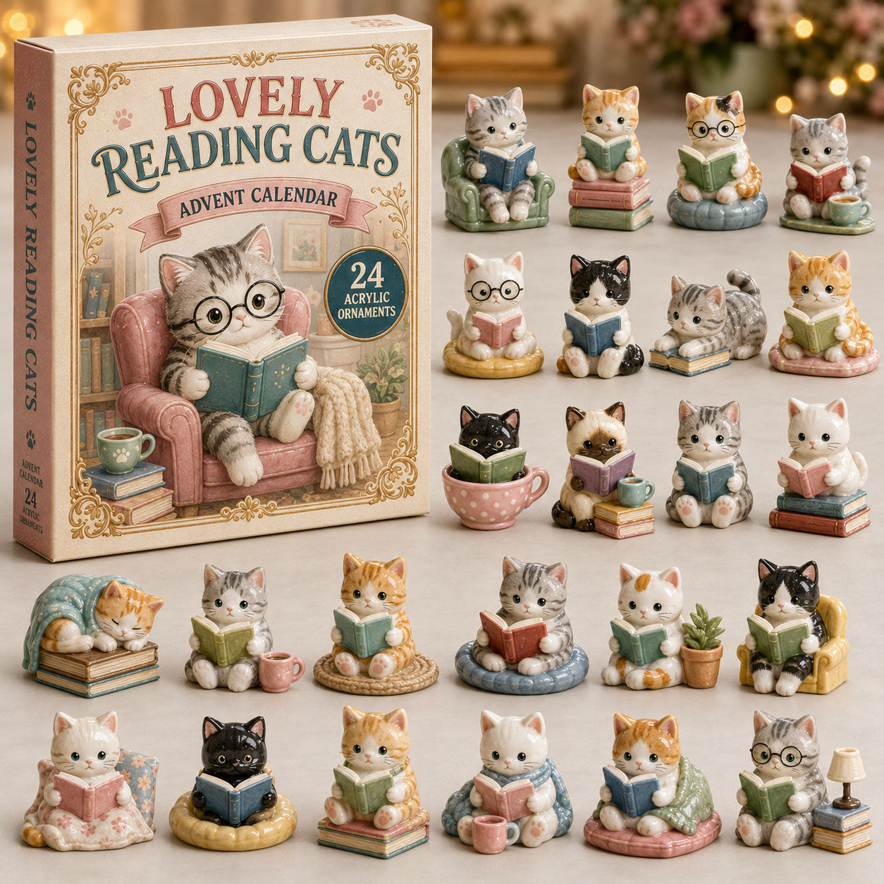 CHRISTMAS KICKOFF 40% OFF - Bookish Cats Advent Calendar 2026 - 24-Day Festive Countdown, Acrylic Charms Blind Box - Gift For Cat Lovers