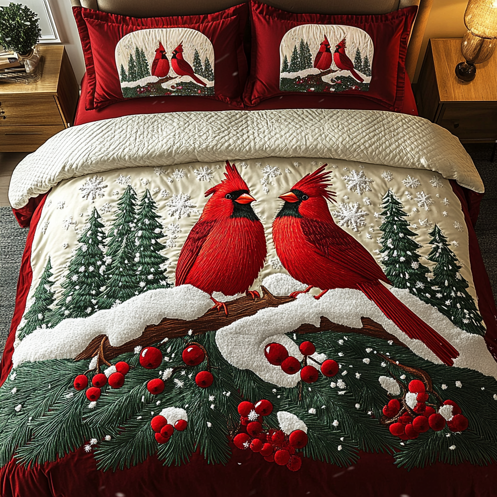 Cardinal Christmas Delight 3-Piece Quilted Bedding Set NCU0DK2605