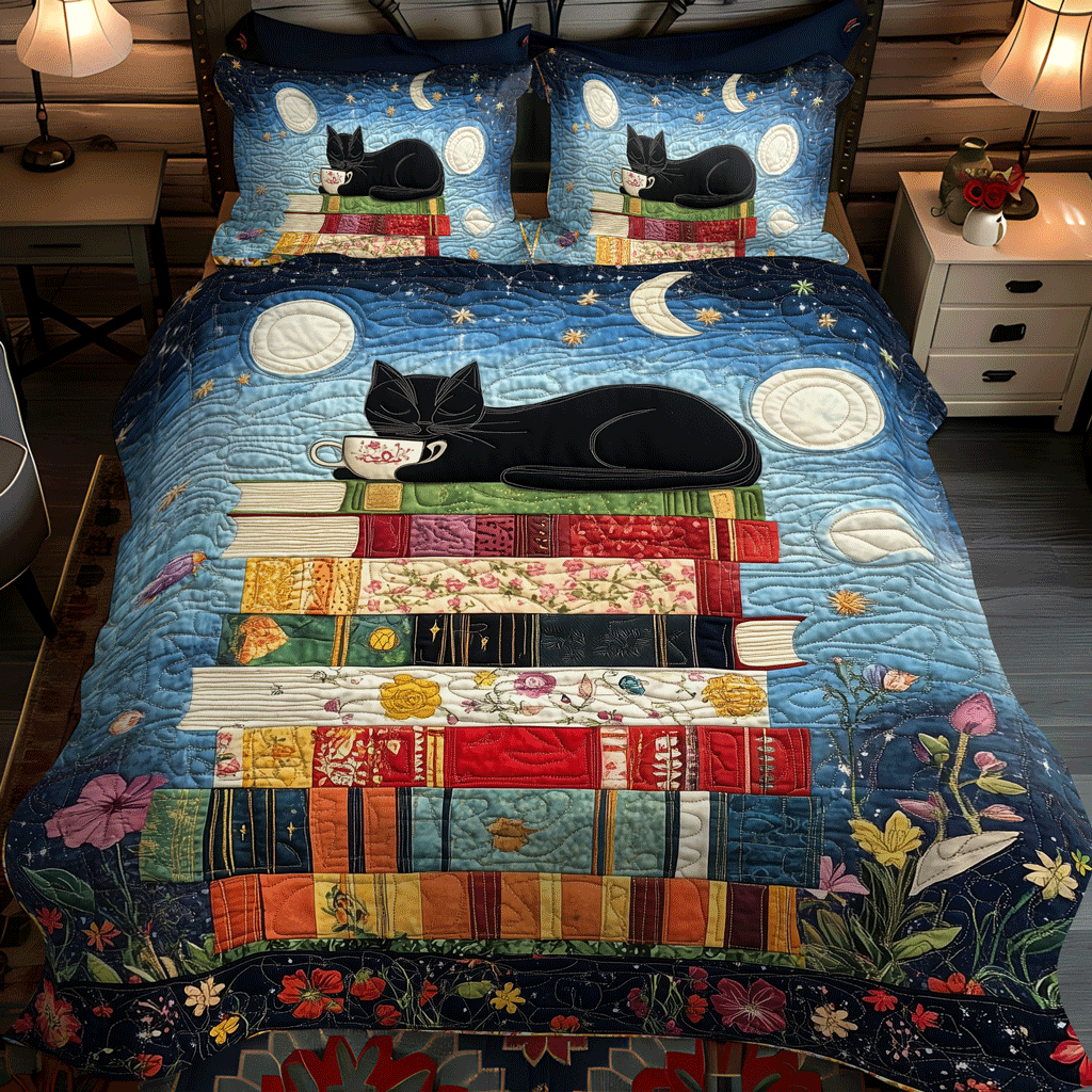Catnap On Books 3-Piece Quilted Bedding Set NCU0TL1070