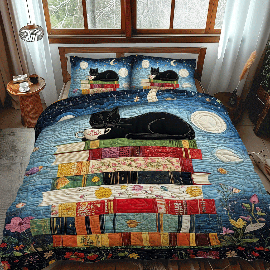Catnap On Books 3-Piece Quilted Bedding Set NCU0TL1070
