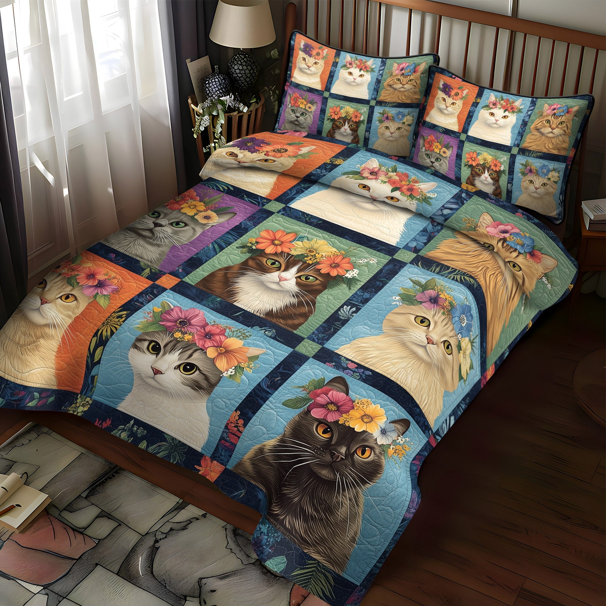 Cats in Bloom 3-Piece Quilted Bedding Set NCU0TL1194