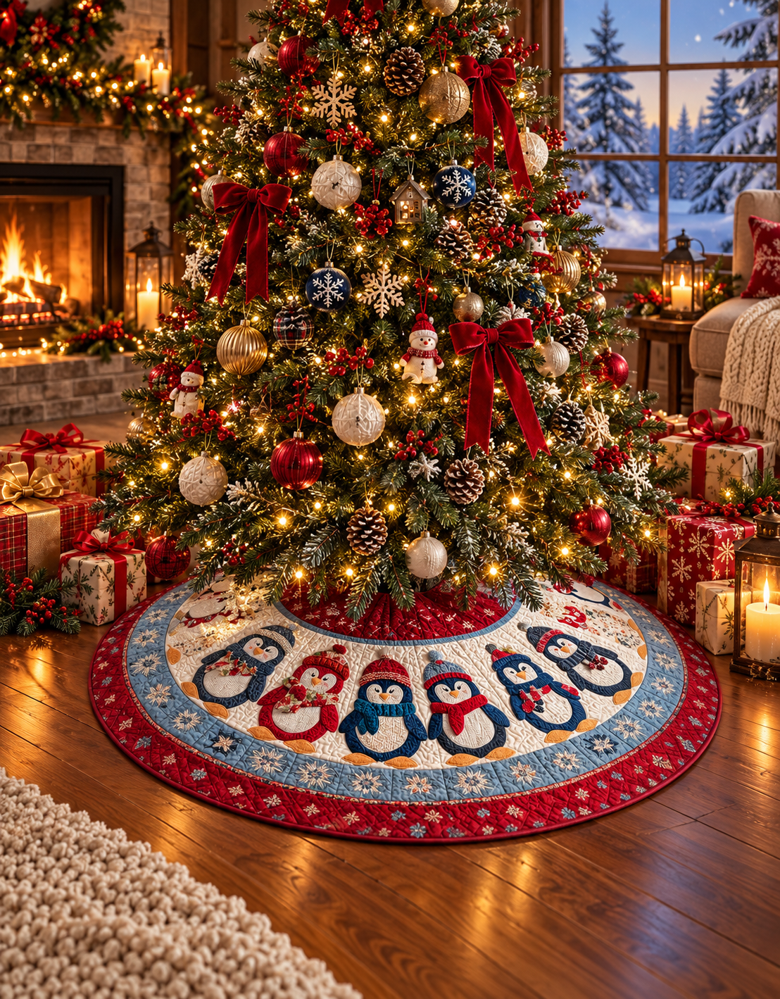 Penguin Glow Christmas Quilted Tree Skirt