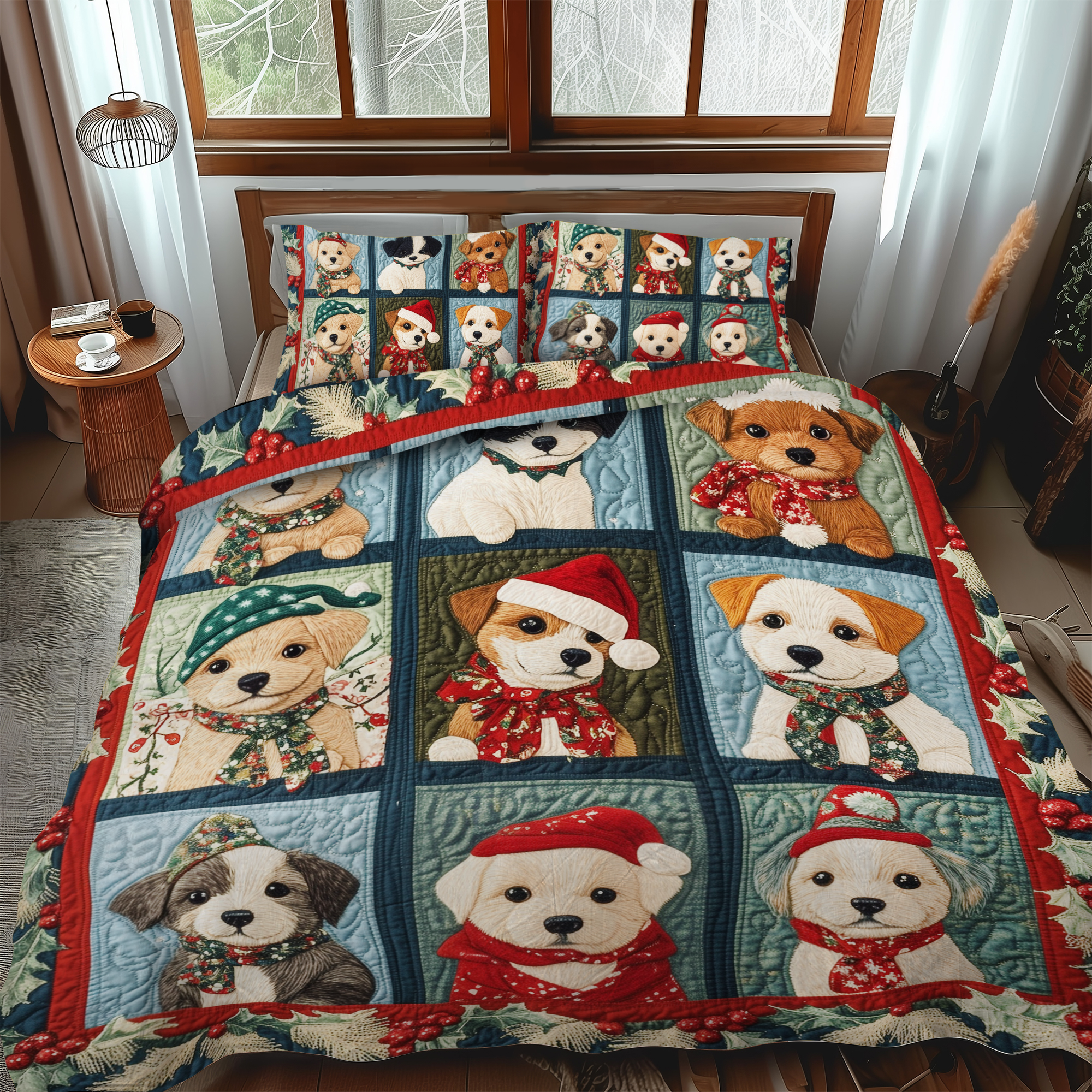 Christmas Puppy Joy 3-Piece Quilted Bedding Set NCU0VL623