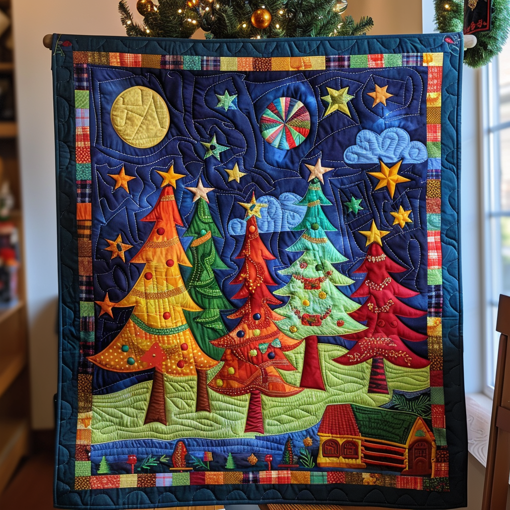 Colorful Christmas Tree Quilted Blanket NCU0PD302