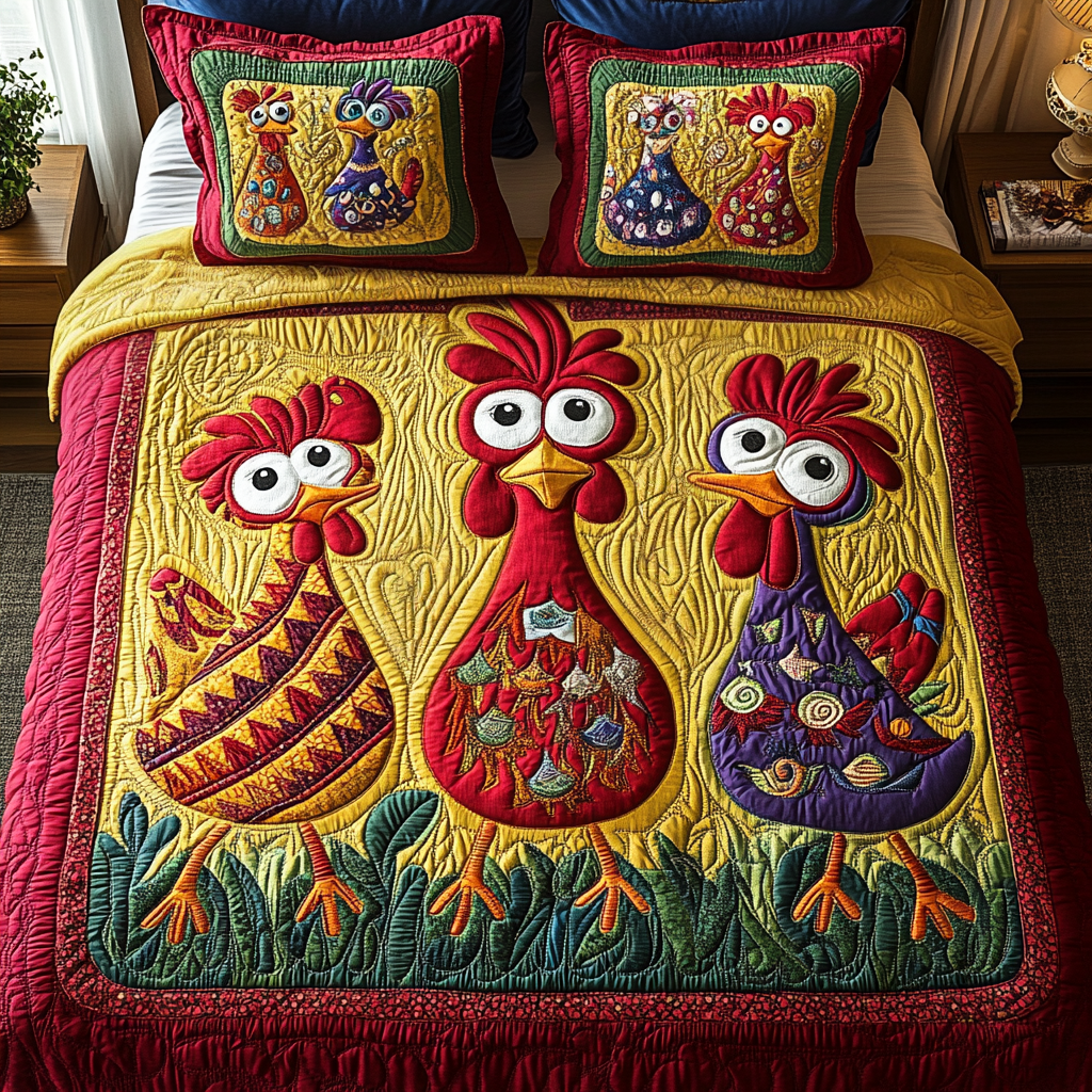 Colorful Cluckers 3-Piece Quilted Bedding Set NCU0VH751