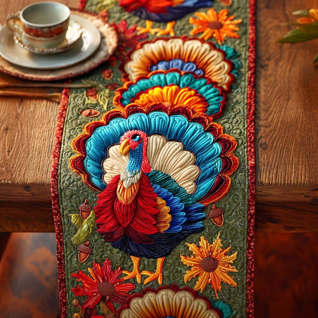 Colorful Feathered Turkey Quilted Table Runner NCU0NXD519