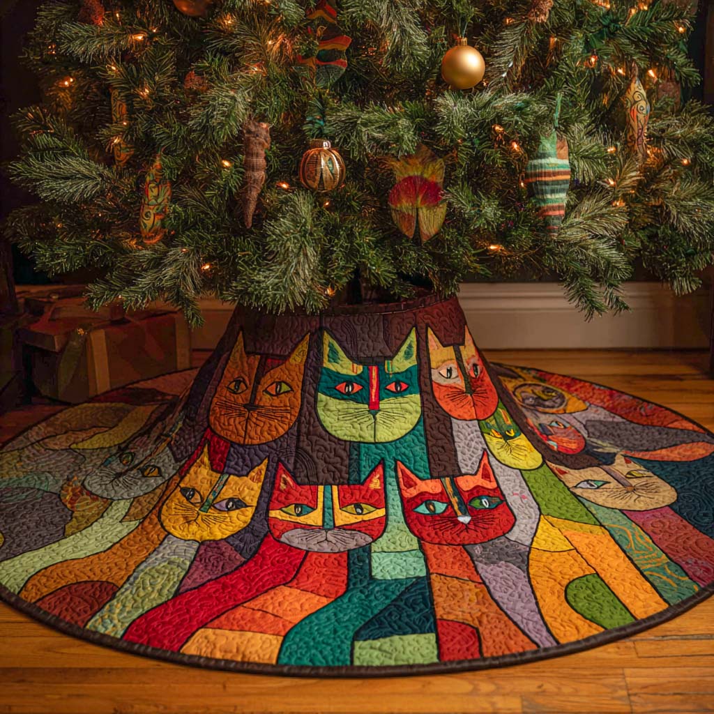 Colorful Kitty Parade Quilted Tree Skirt NCU0NXD1132