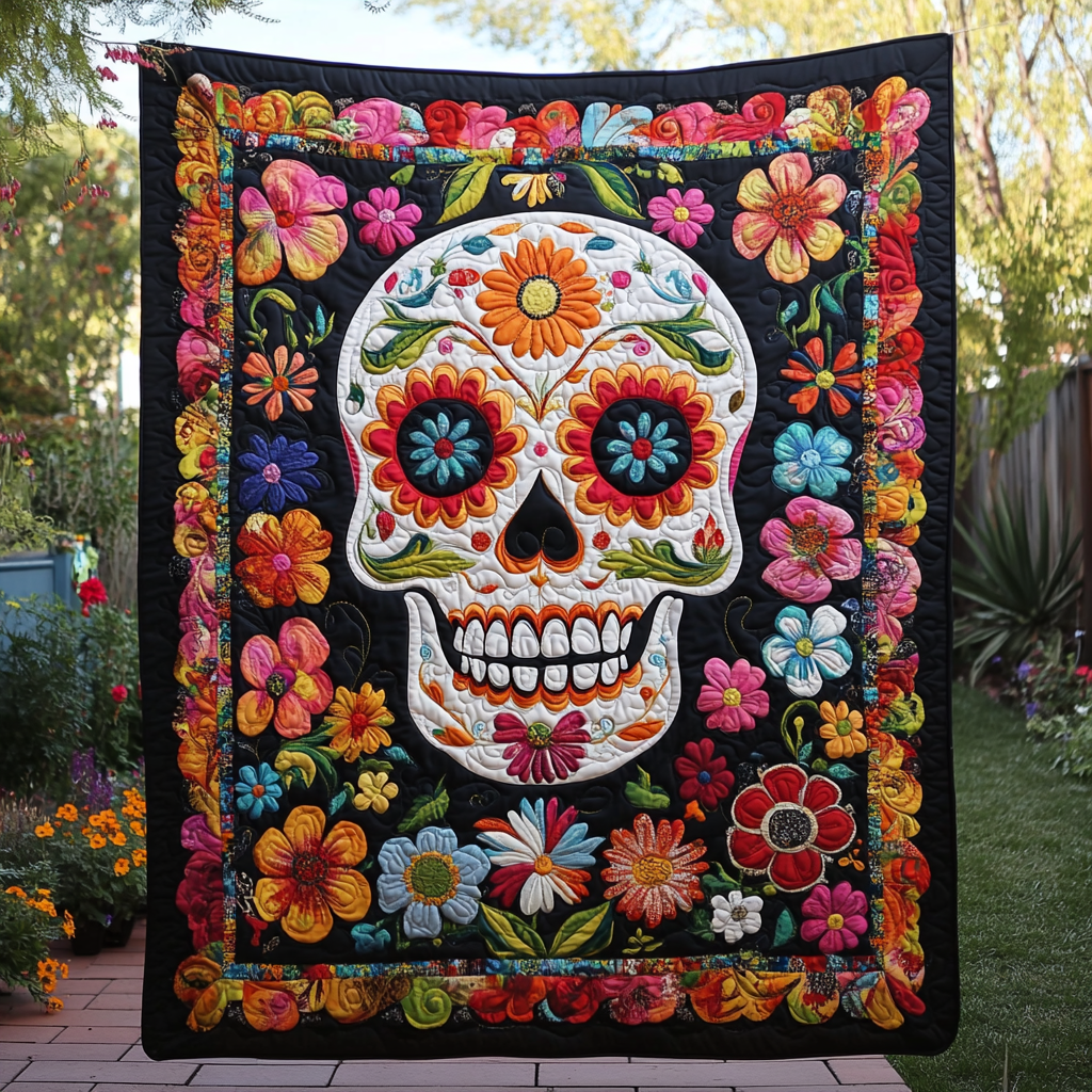 Colorful Sugar Skull Quilted Blanket NCU0PD559