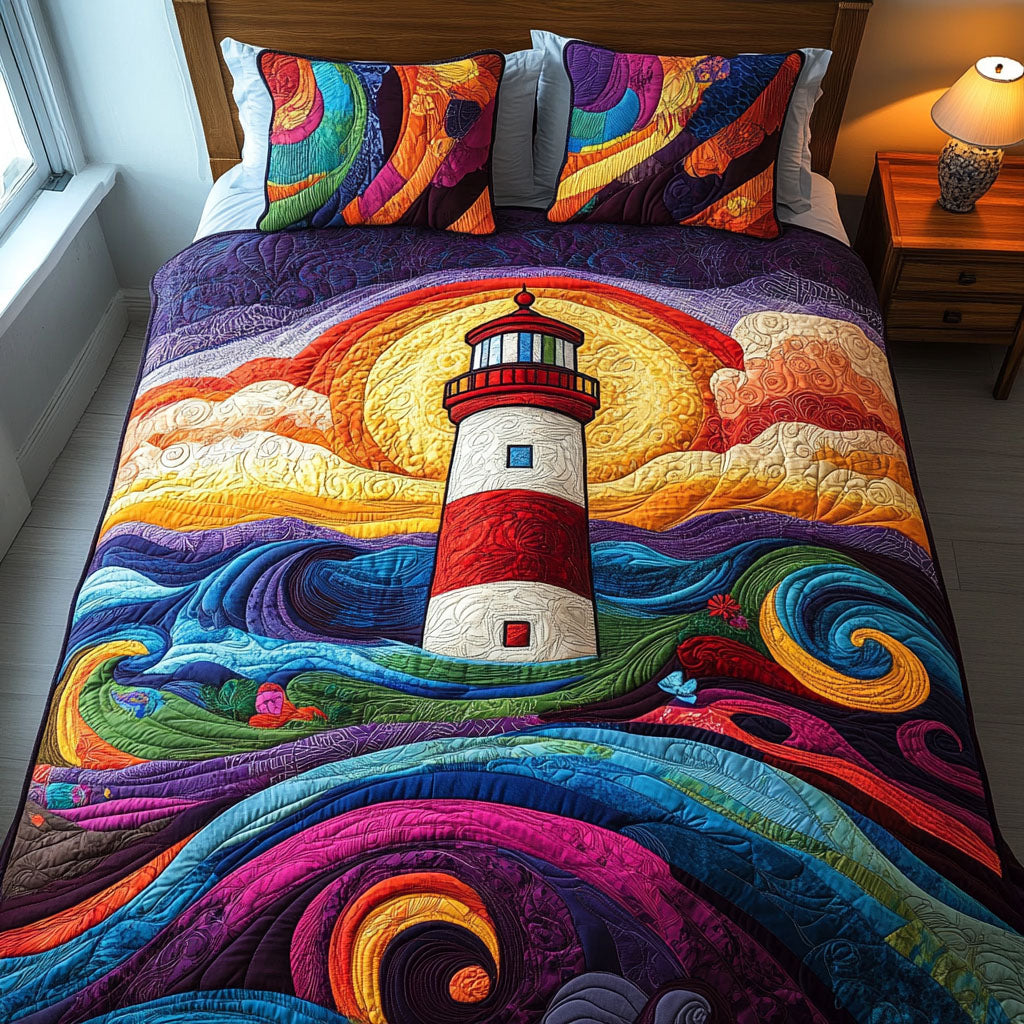 Colorful Waves Lighthouse 3-Piece Quilted Bedding Set NCU0NNT269