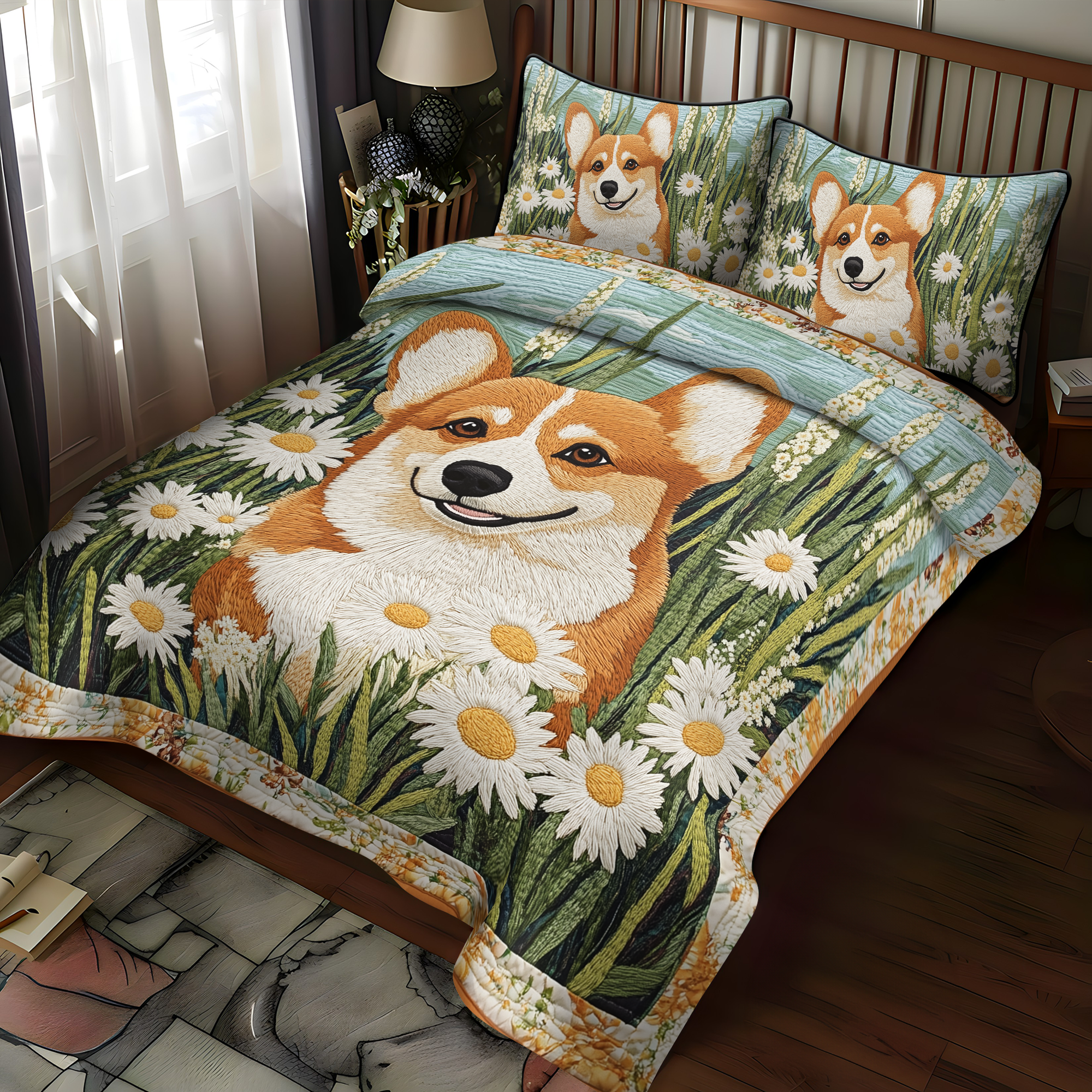 Corgi Floral Wonderland 3-Piece Quilted Bedding Set NCU0DK1608
