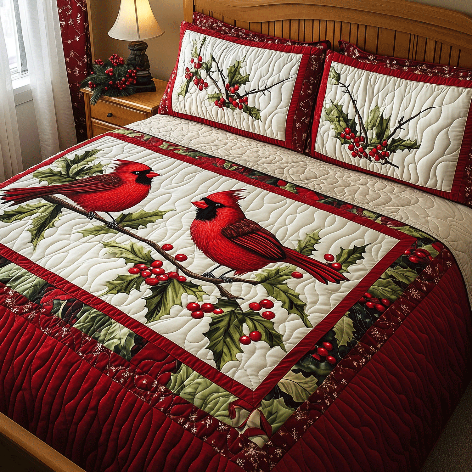 Cozy Cardinal Pair 3-Piece Quilted Bedding Set NCU0TH2085