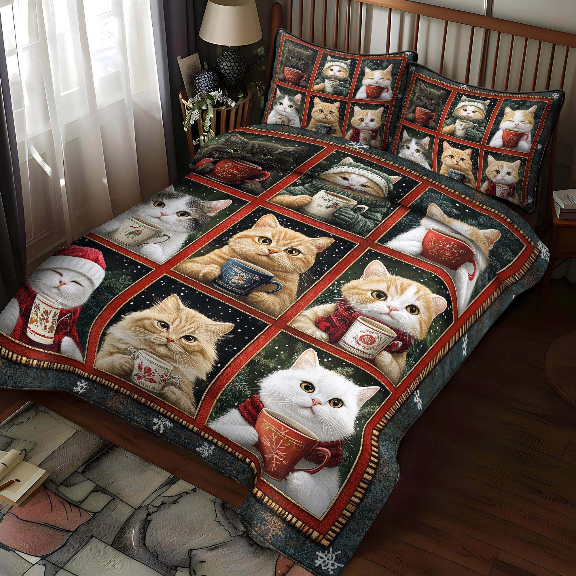 Cozy Christmas Cats 3-Piece Quilted Bedding Set NCU0TL1188