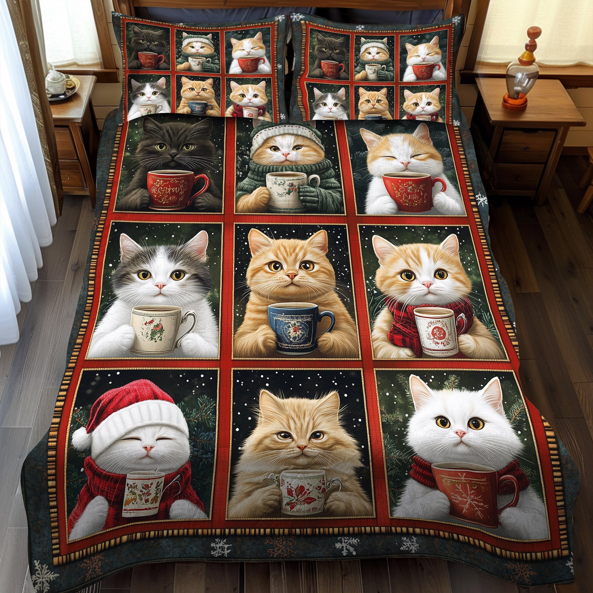 Cozy Christmas Cats 3-Piece Quilted Bedding Set NCU0TL1188