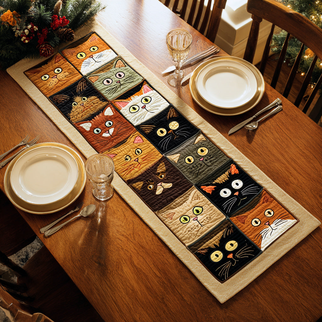 Curious Cat Blocks Quilted Table Runner NCU0HNH507
