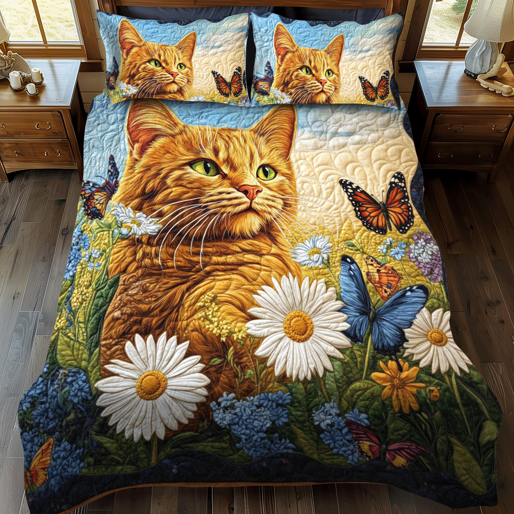 Daisy Butterflies Cat 3-Piece Quilted Bedding Set NCU0PD622
