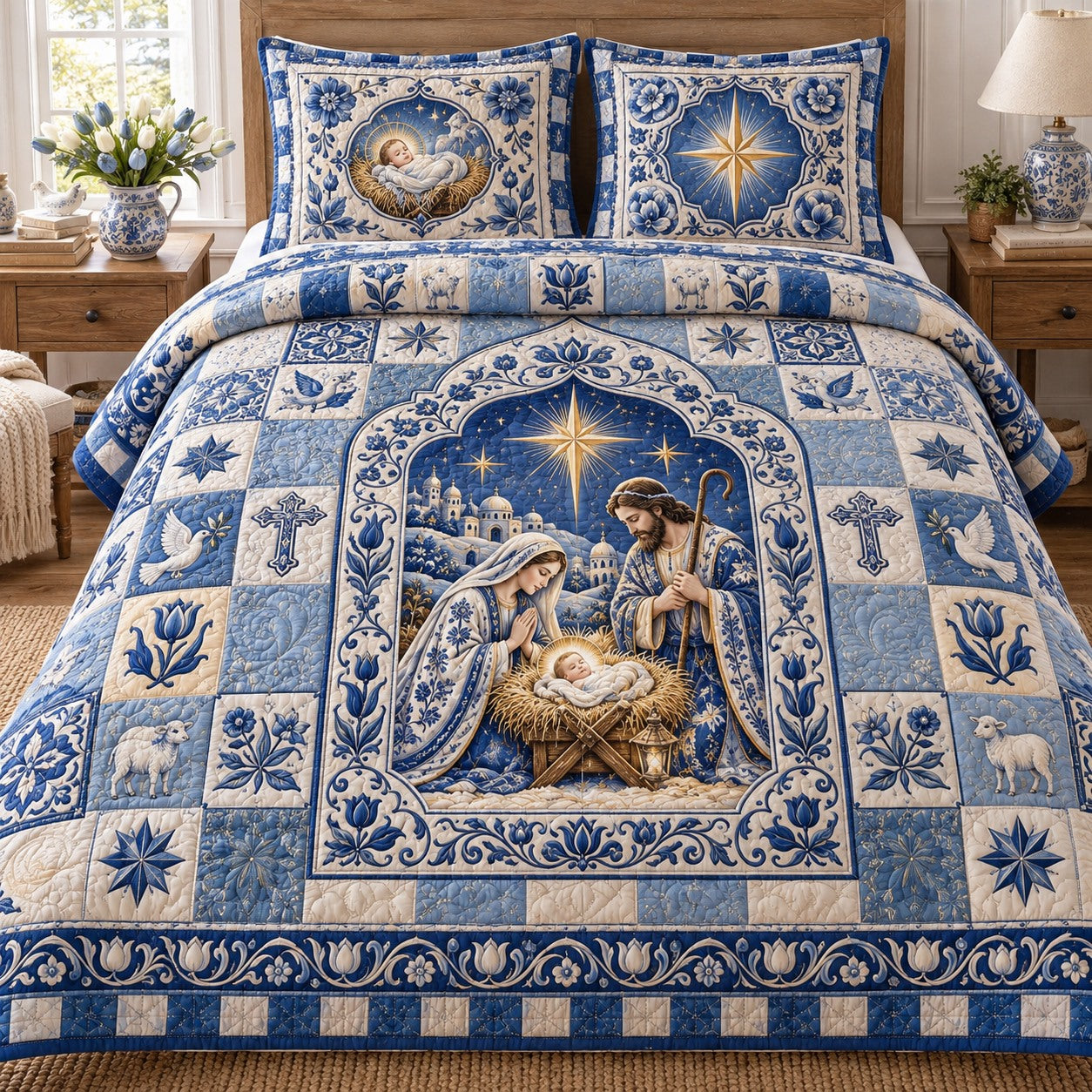 Delft Blue Nativity Arch 3-Piece Quilted Bedding Set NCU0NTD2377