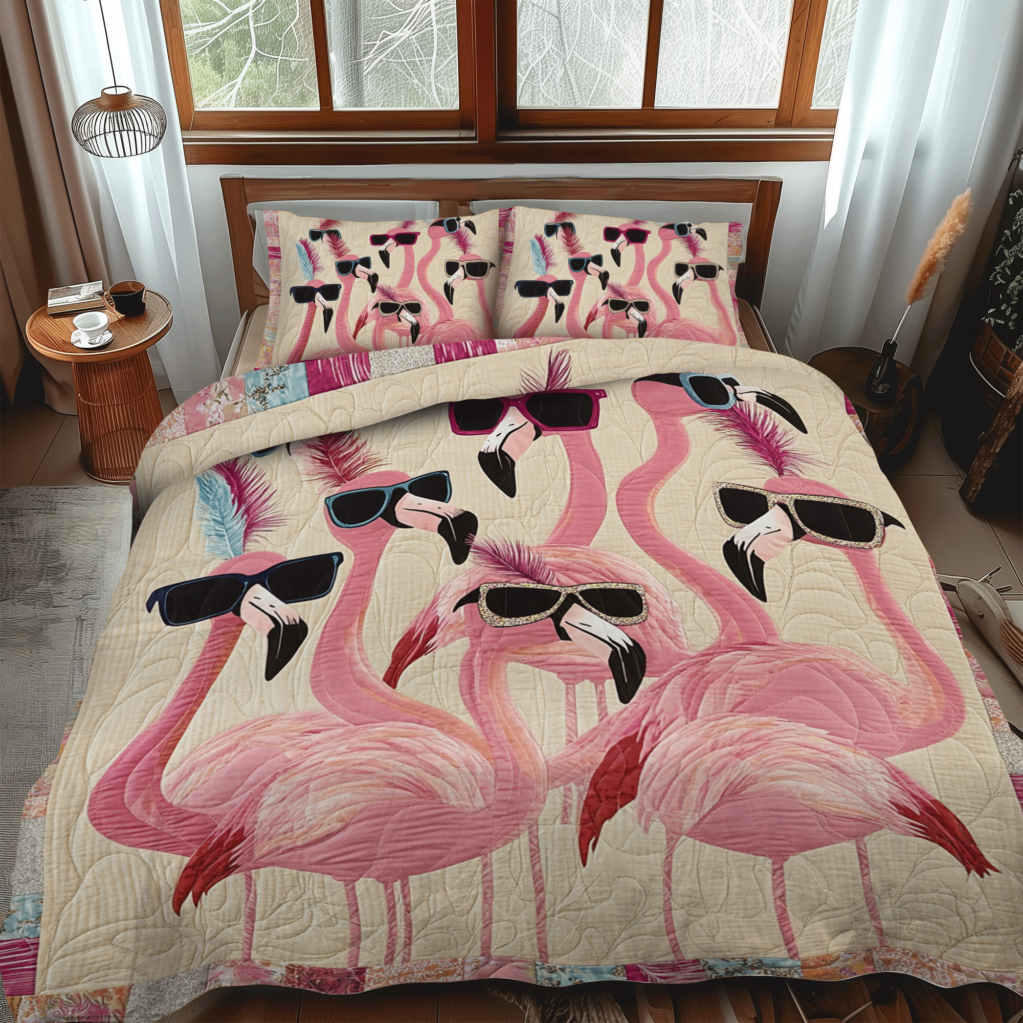 Elegant Flamingo Tropical 3-Piece Quilted Bedding Set NCU0PD497