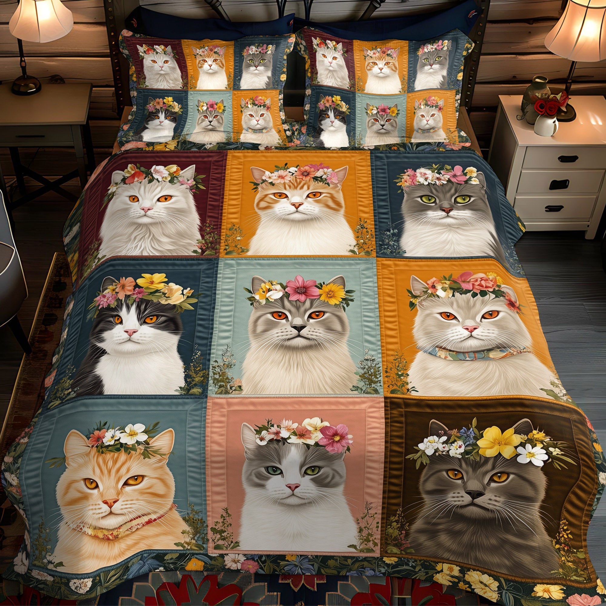 Feline Flower 3-Piece Quilted Bedding Set NCU0TL1192