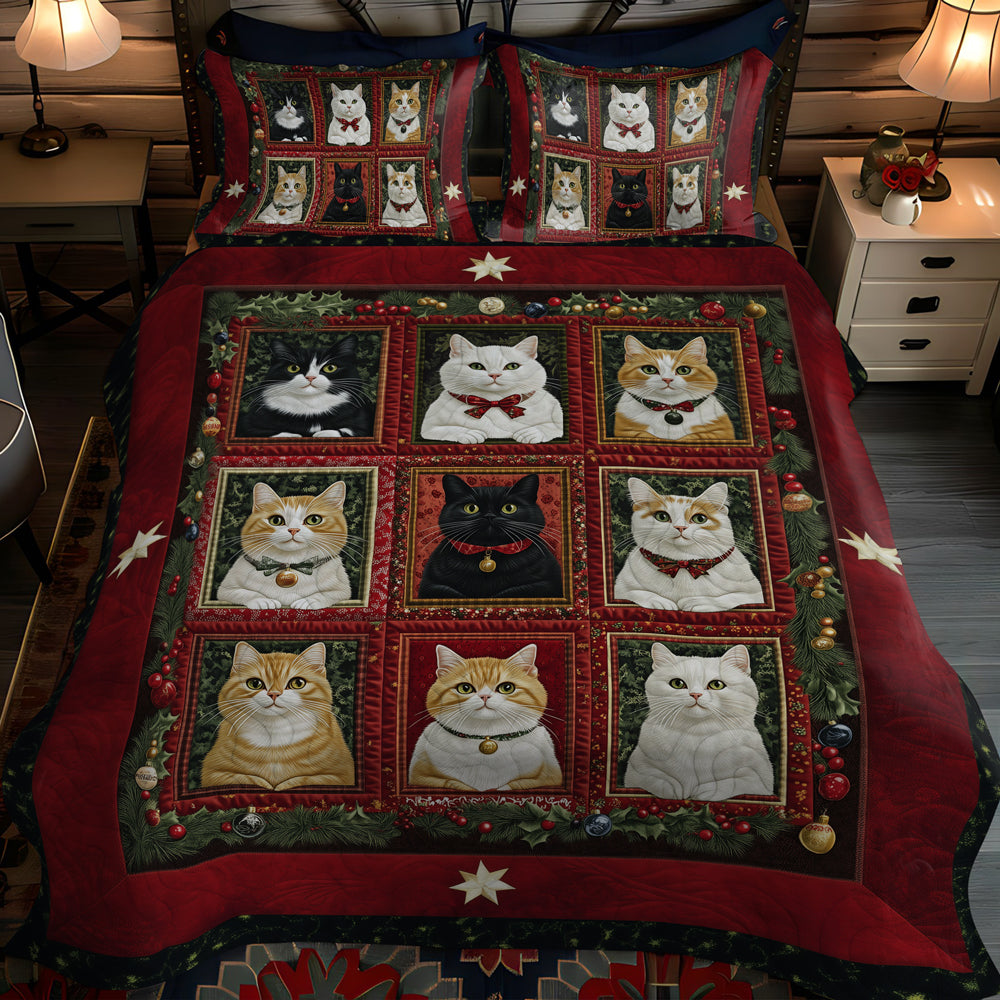 Feline Holiday Spirit 3-Piece Quilted Bedding Set NCU0TL1767