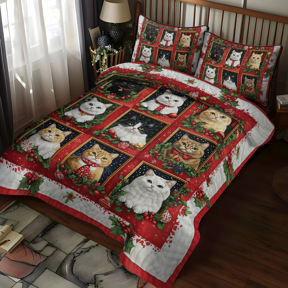 Festive Feline Cheer 3-Piece Quilted Bedding Set NCU0TL1754