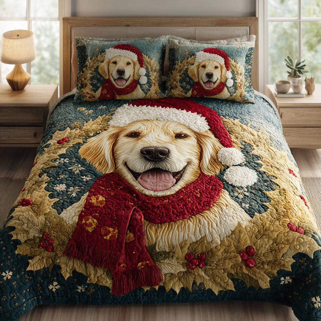 Festive Golden Retriever 3-Piece Quilted Bedding Set NCU0HNH291