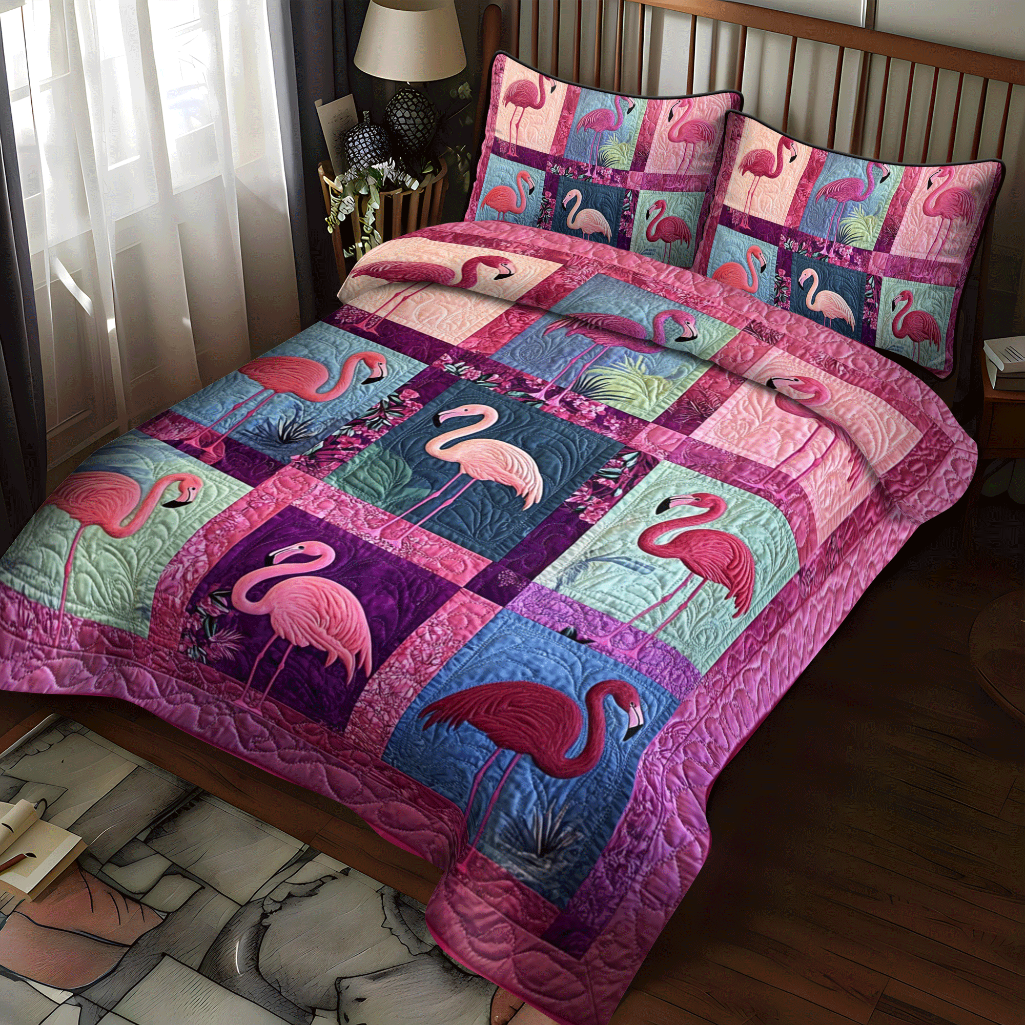 Flamingo Paradise 3-Piece Quilted Bedding Set NCU0PD499
