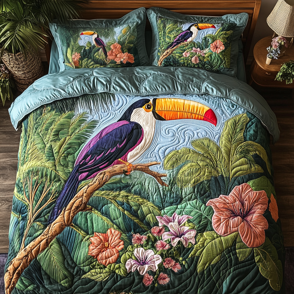 Floral Birds 3-Piece Quilted Bedding Set NCU0NVH393