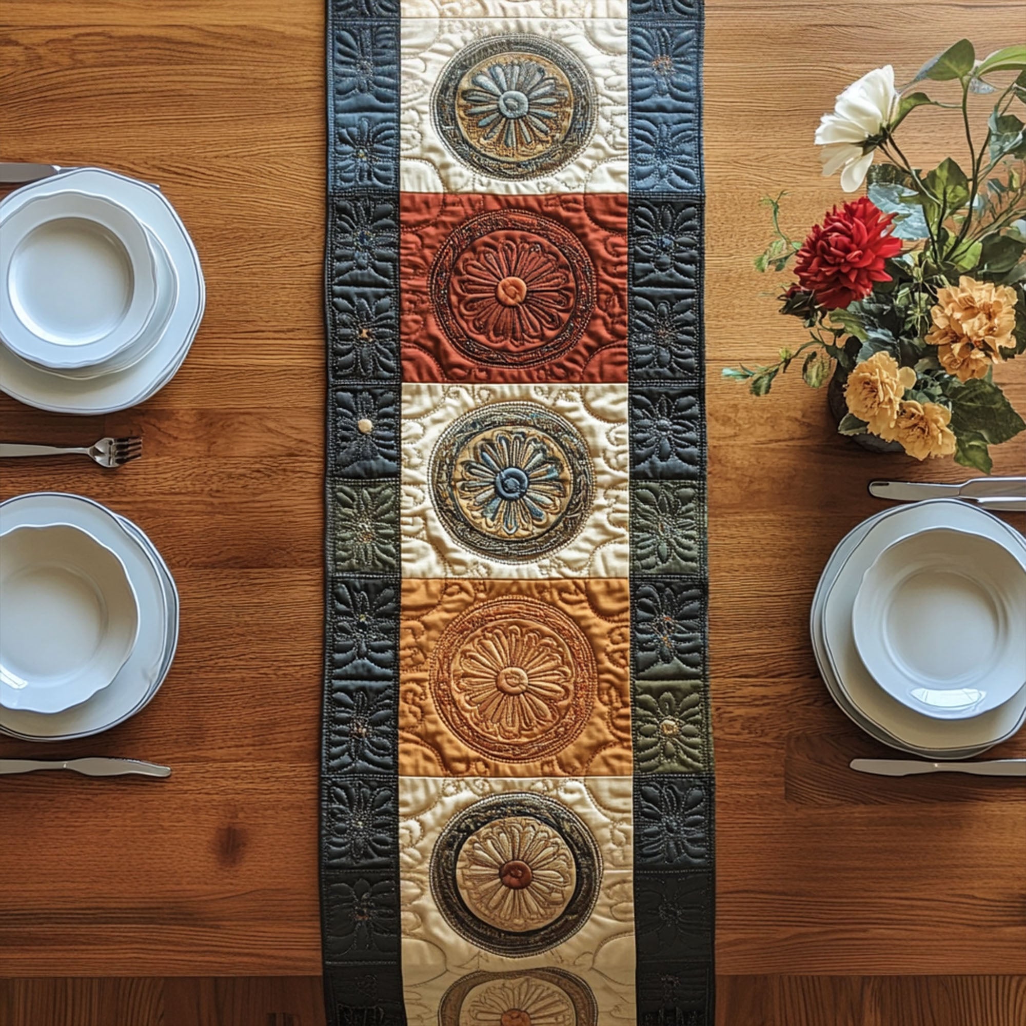 Floral Circle Quilted Table Runner NCU0PTT580