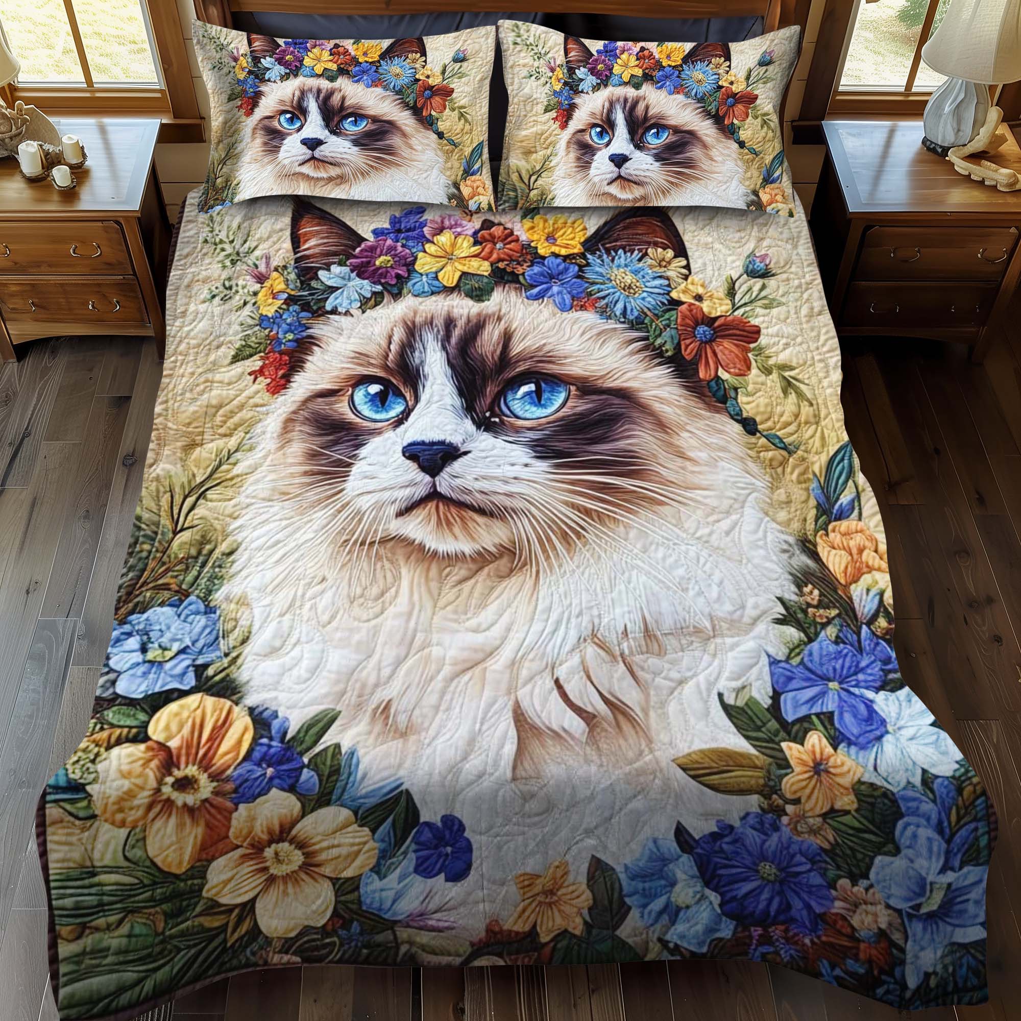 Floral Crown Cat 3-Piece Quilted Bedding Set NCU0NT997