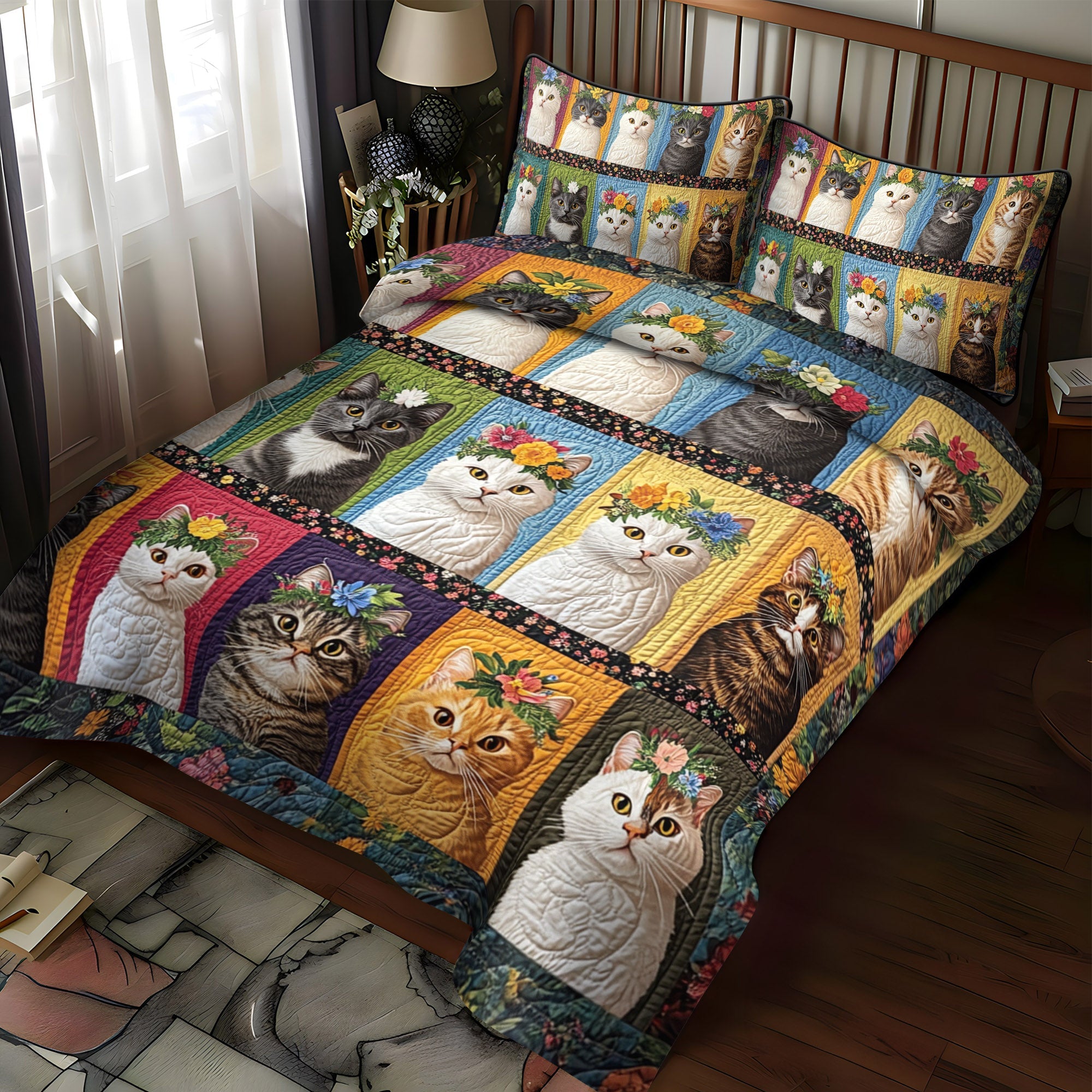 Floral Feline 3-Piece Quilted Bedding Set NCU0TL1193