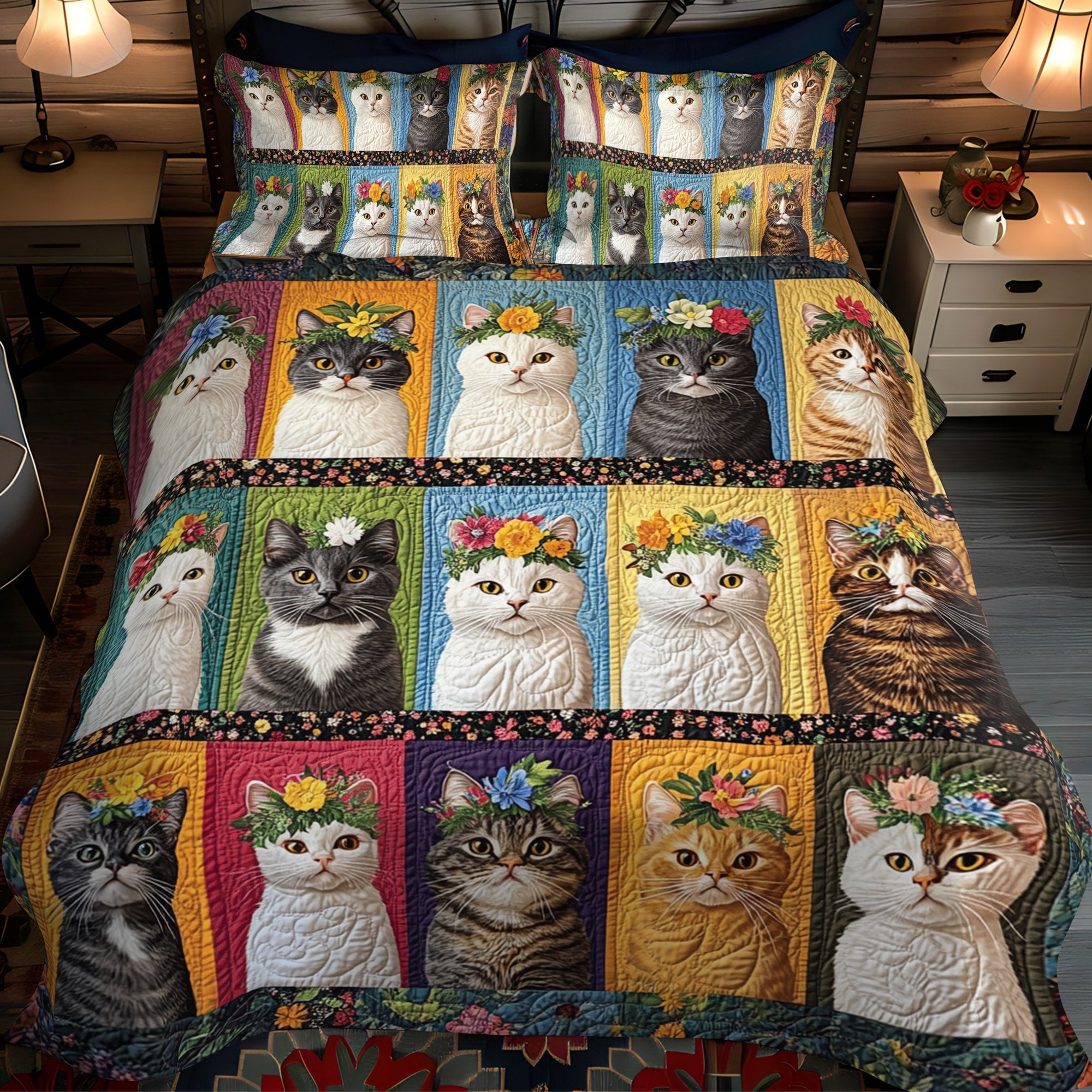 Floral Feline 3-Piece Quilted Bedding Set NCU0TL1193