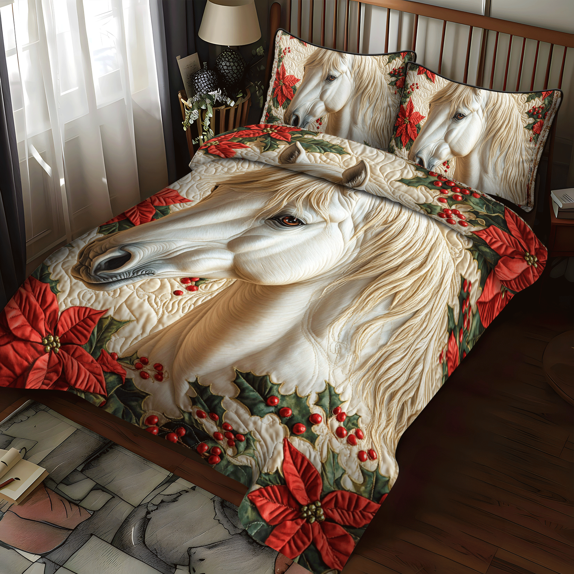 Floral Horse Quilted Bedding Set NCU0DV1140