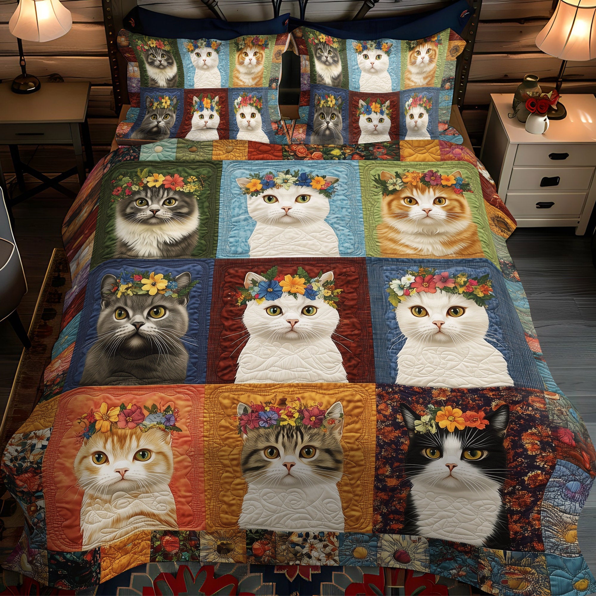 Floral Kitty 3-Piece Quilted Bedding Set NCU0TL1201
