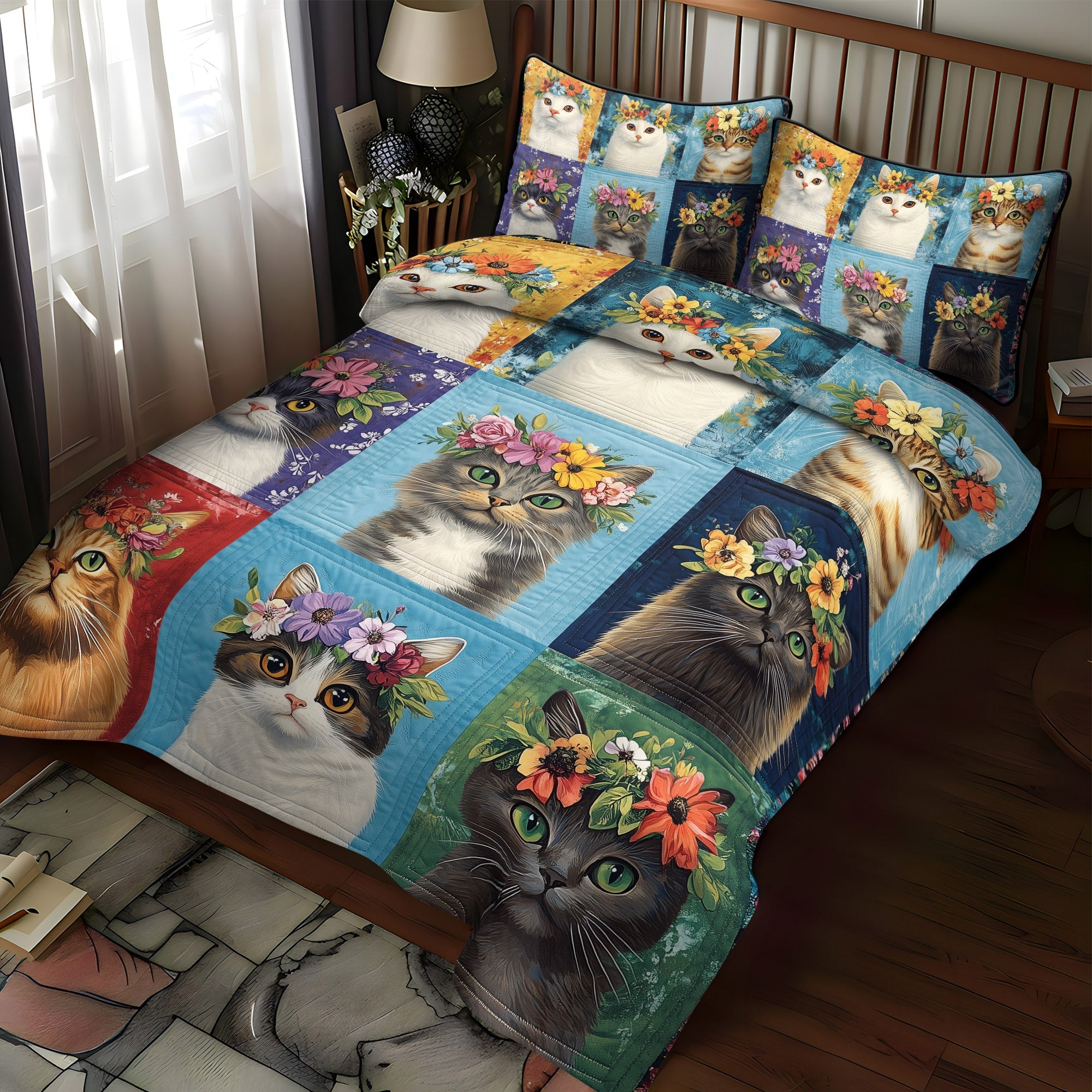 Floral Kitty Parade 3-Piece Quilted Bedding Set NCU0TL1198