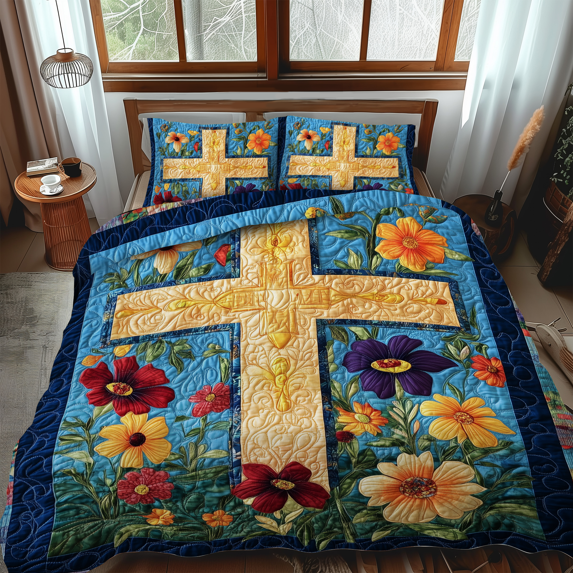 Floral Patchwork Cross 3-Piece Quilted Bedding Set NCU0VL497