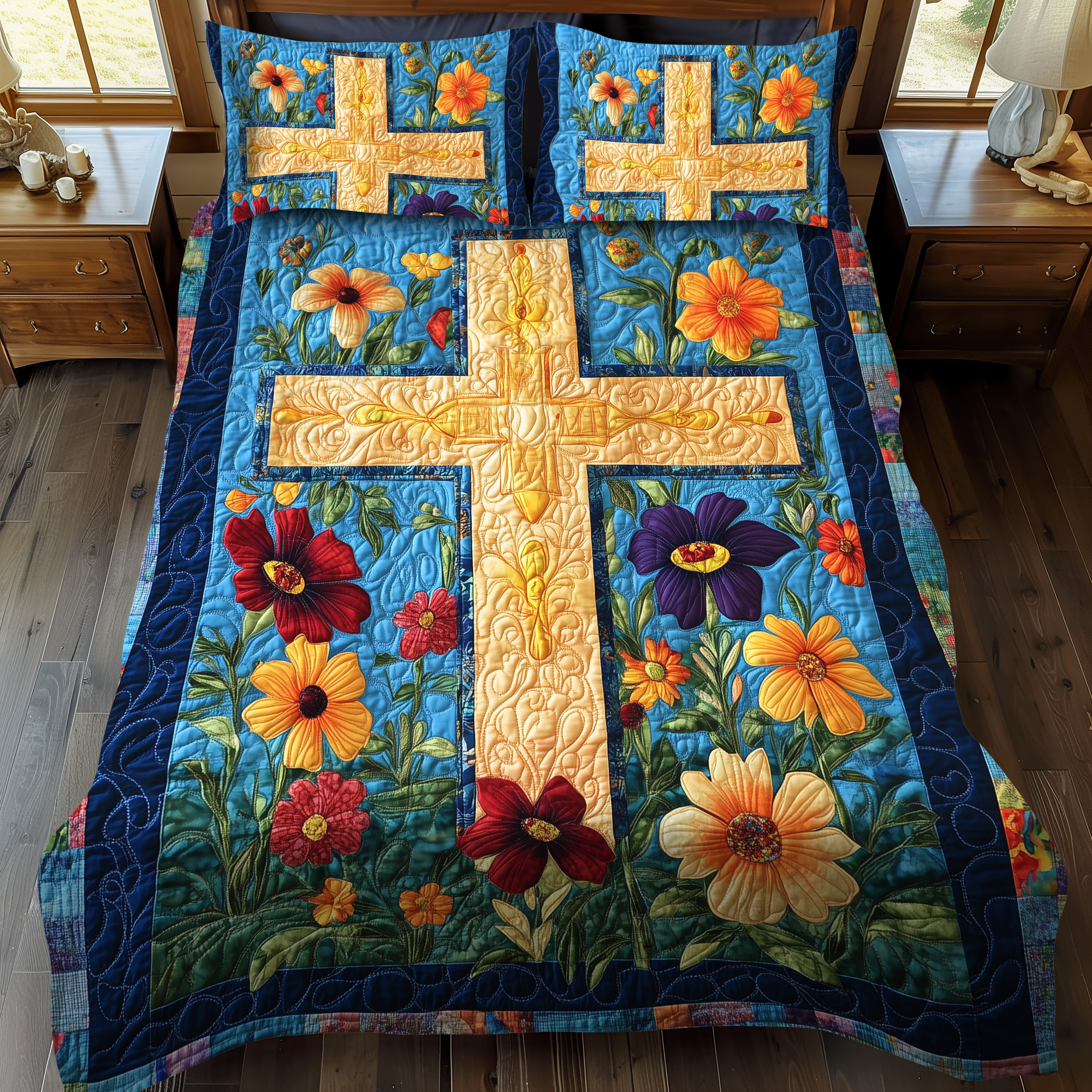 Floral Patchwork Cross 3-Piece Quilted Bedding Set NCU0VL497
