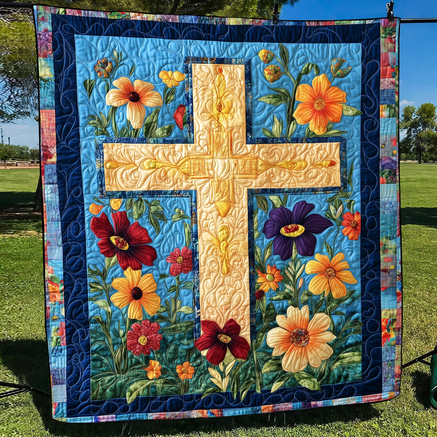 Floral Patchwork Cross Quilted Blanket NCU0VL515