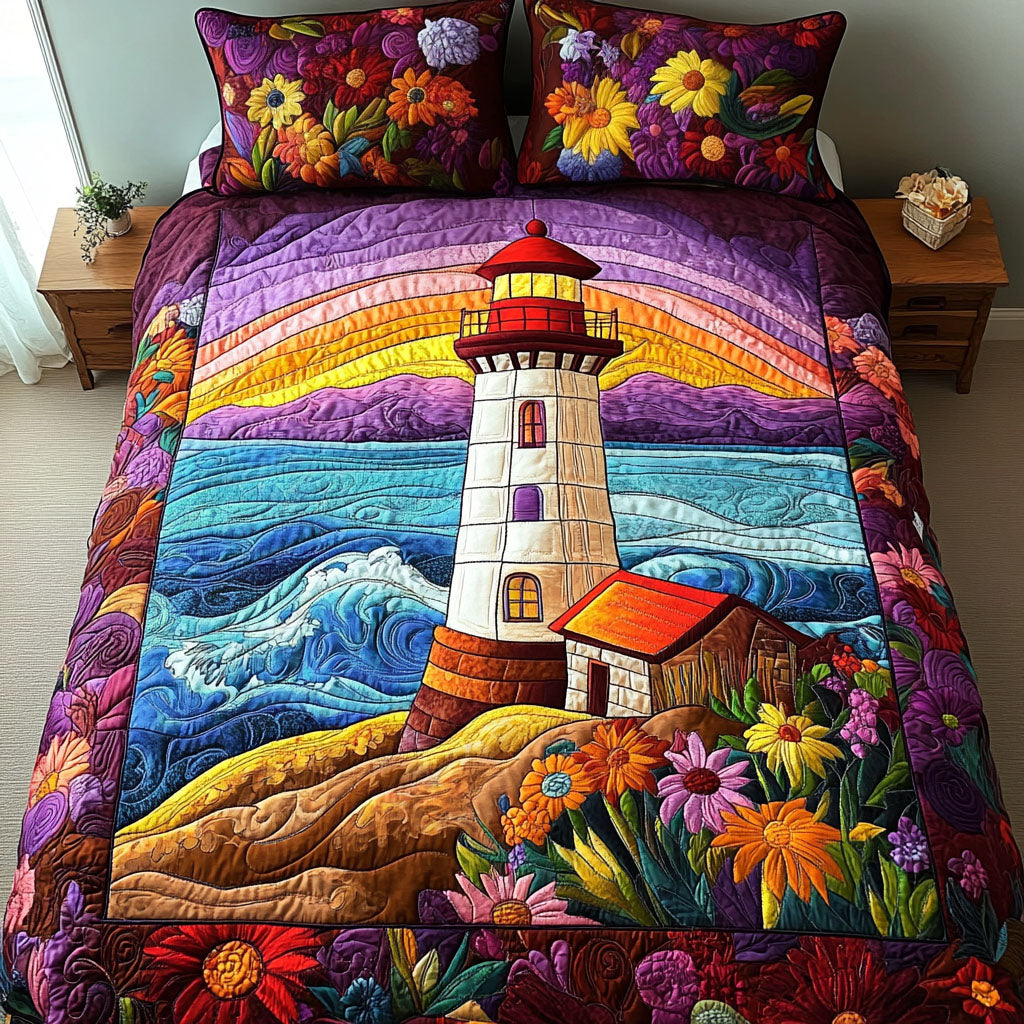 Floral Sunset Lighthouse 3-Piece Quilted Bedding Set NCU0NNT270