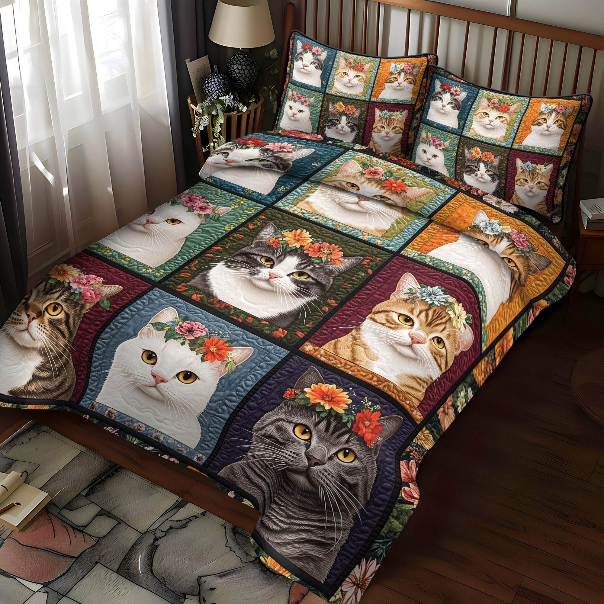Flower Crown Felines 3-Piece Quilted Bedding Set NCU0TL1196