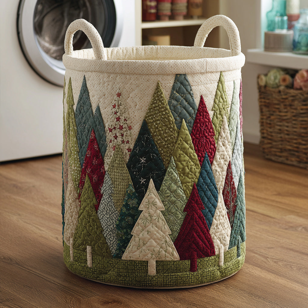 Forest Christmas Tree Quilted Laundry Basket NCU0HNH481