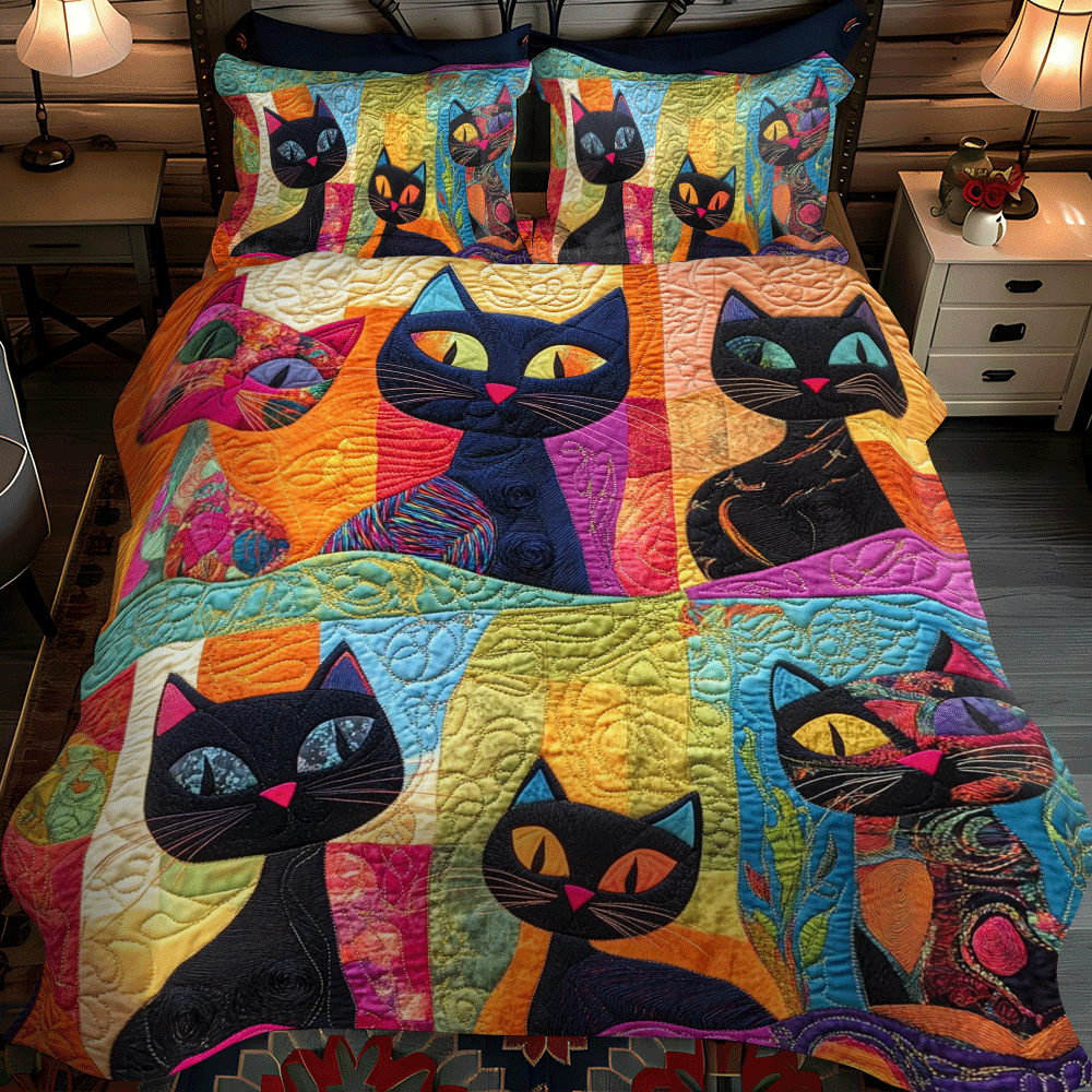 Funny Cat Patchwork 3-Piece Quilted Bedding Set NCU0PD631